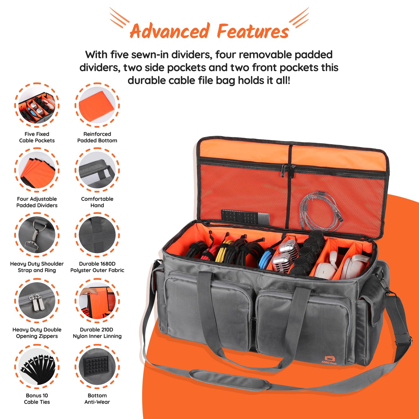 Heavy Duty - DJ Cable Bag Organizer with Detachable Dividers – Cable Bag – DJ Bag for Equipment - DJ Gig Bag - Music Equipment & Accessories -DJ Bag - Heavy Duty Exterior & Padded Nylon Interior