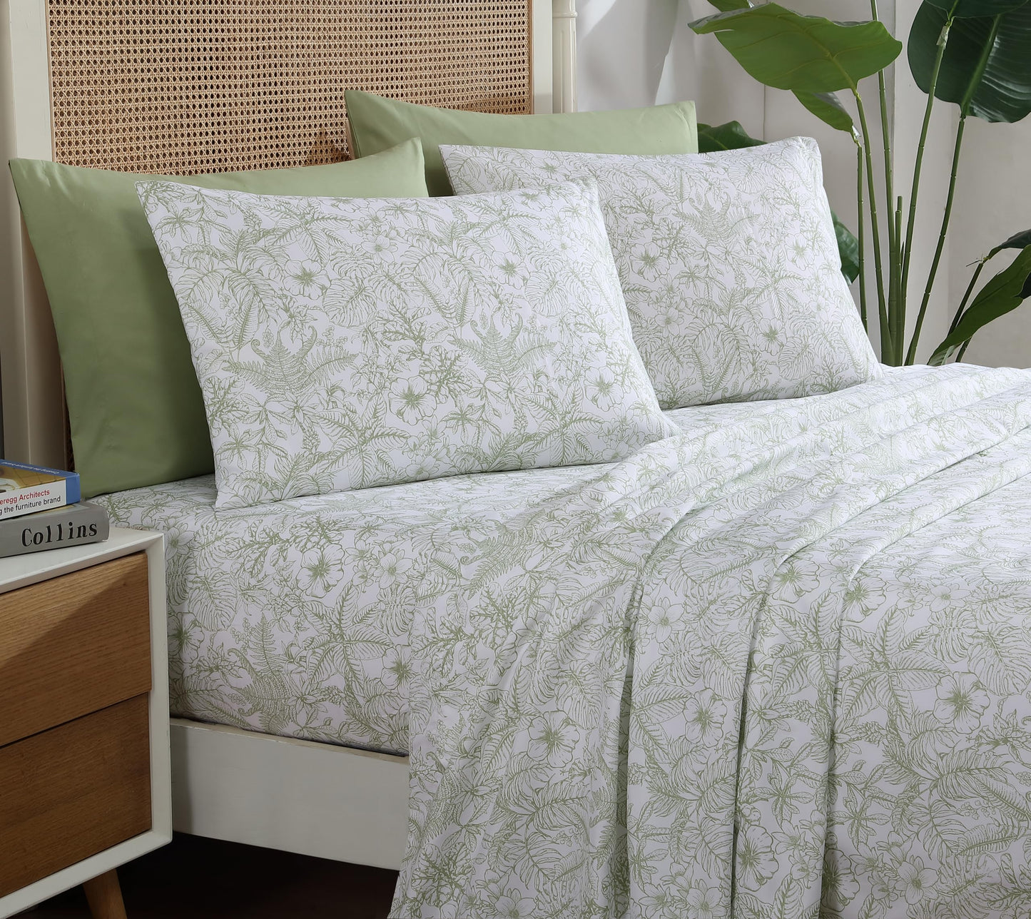 Caribbean Joe 6-Piece Sheet Set with Cooling Pillowcases, 12-inch Deep Pockets, Tropical Beach Coastal Design, Queen, Tropical Toile Green