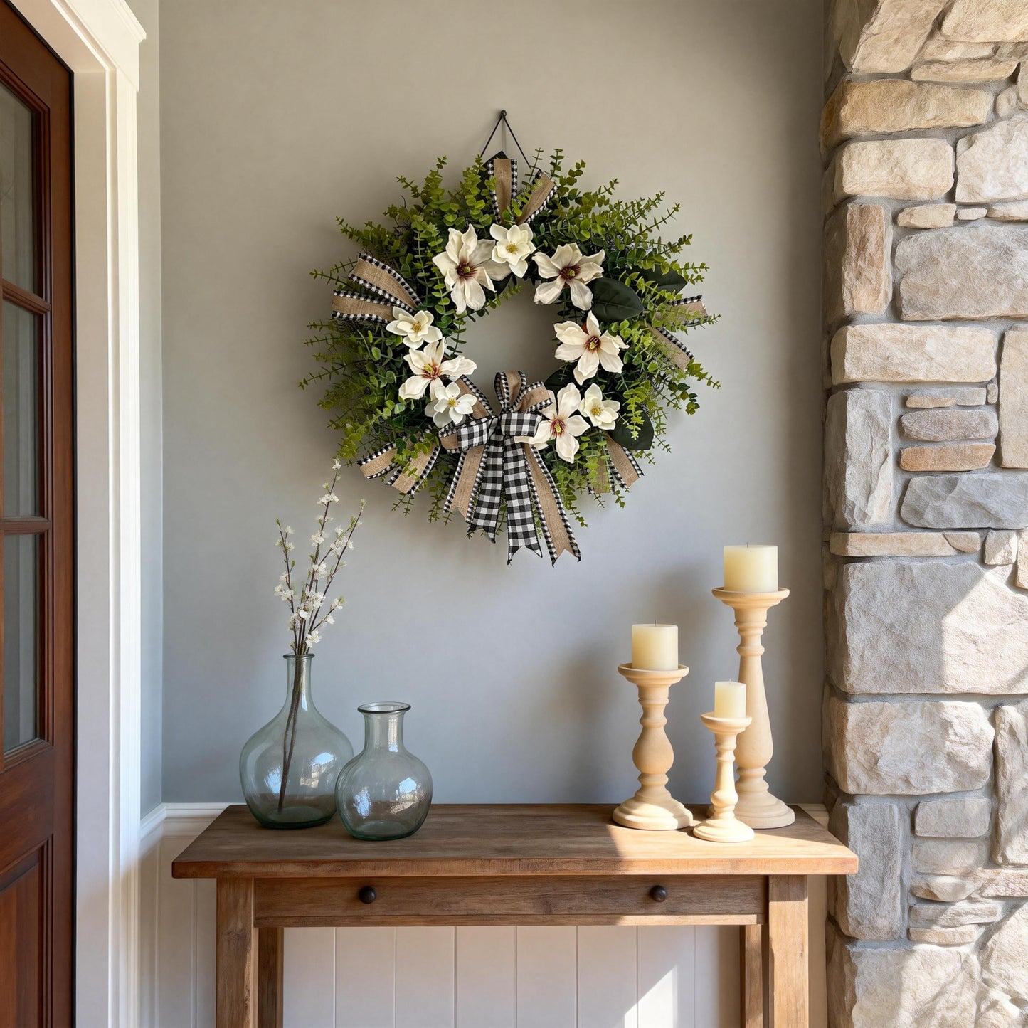 IVKHE 24 Inch Artificial Magnolia Wreath for Front Door – Farmhouse Boxwood Greenery Wreath with Buffalo Plaid Bow, Year-Round Rustic Home Wall Decor for Porch, Entryway, Living Room