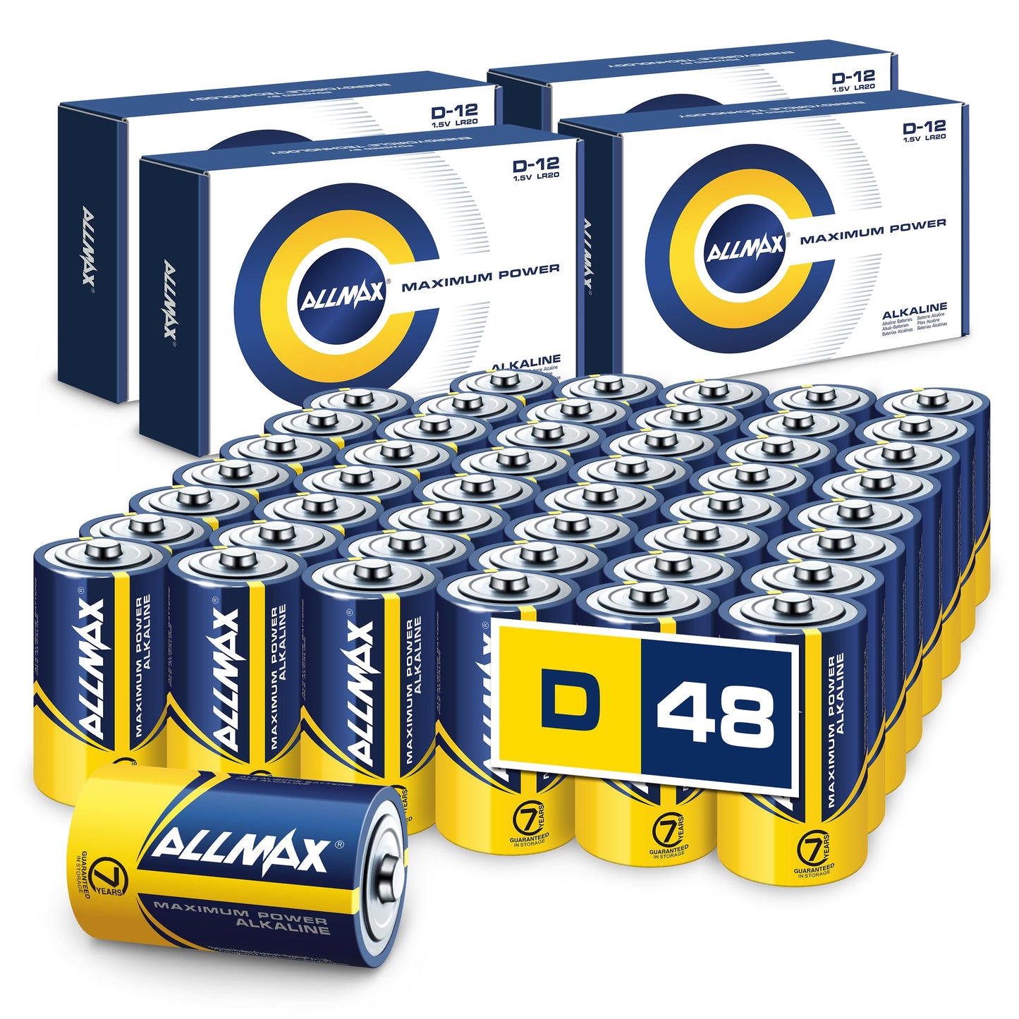 Allmax D Maximum Power Alkaline Batteries (48 Count) – Ultra Long-Lasting, Leakproof Design, 7-Year Shelf Life, Maximum Performance (1.5V)