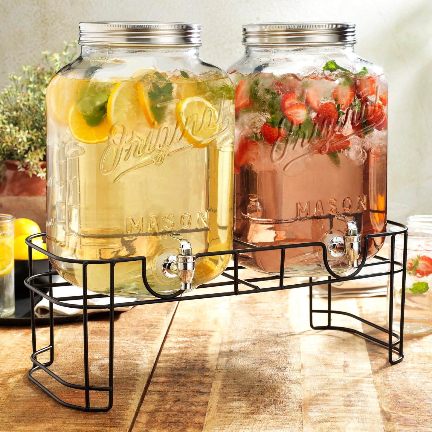 MosJos 2 GALLON Glass Drink Dispensers for Parties, 2 Pack Mason Jar Beverage Dispensers with Metal Stand, Glass Water Dispenser with Spigot, Laundry Detergent Dispenser