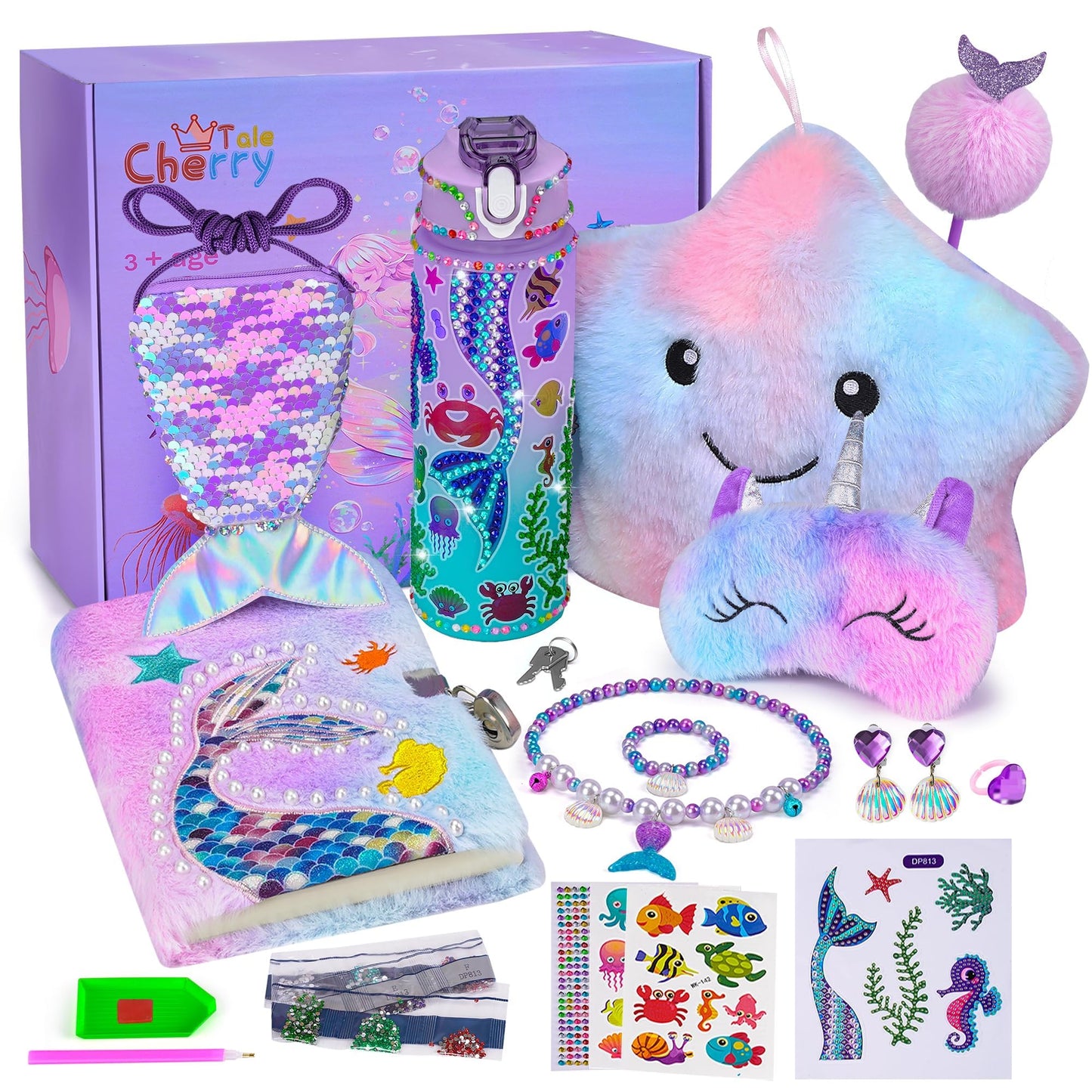 Cherry Tale Mermaid Toys Gifts for Girls 4-6 7 8 9 10 Years Old, Girls Birthday Gifts Set with Light Up Star Pillow Diary Plush DIY Water Bottle Kits, for Daughter Niece Christmas