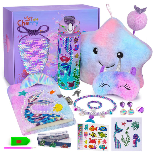 Cherry Tale Mermaid Toys Gifts for Girls 4-6 7 8 9 10 Years Old, Girls Birthday Gifts Set with Light Up Star Pillow Diary Plush DIY Water Bottle Kits, for Daughter Niece Christmas