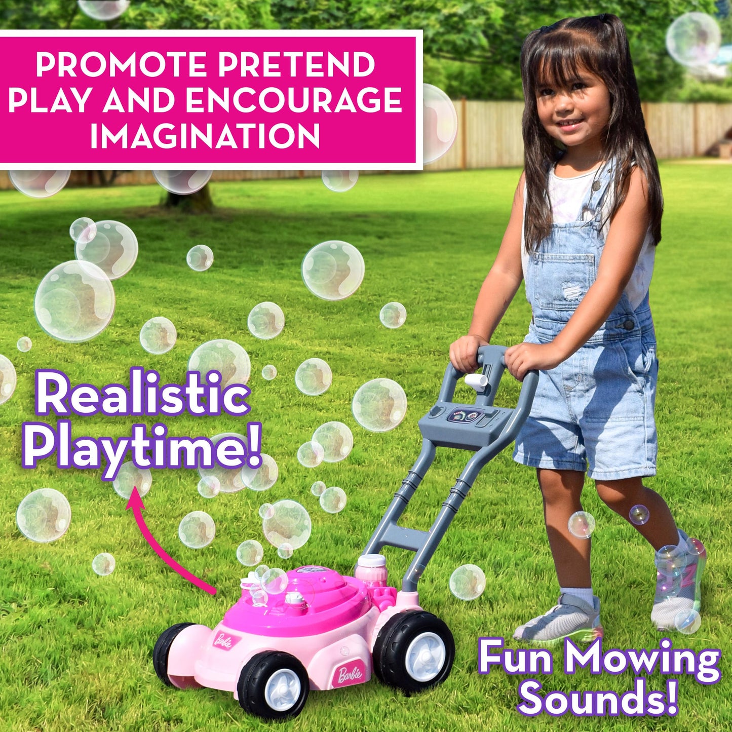 Barbie Bubble Lawn Mower for Toddlers, Bubble Blowing Machines, Indoor and Outdoor Gardening Toy, Birthday, Party Favor for Prechool Girls No Batteries, Includes Bubble Solution, 2+