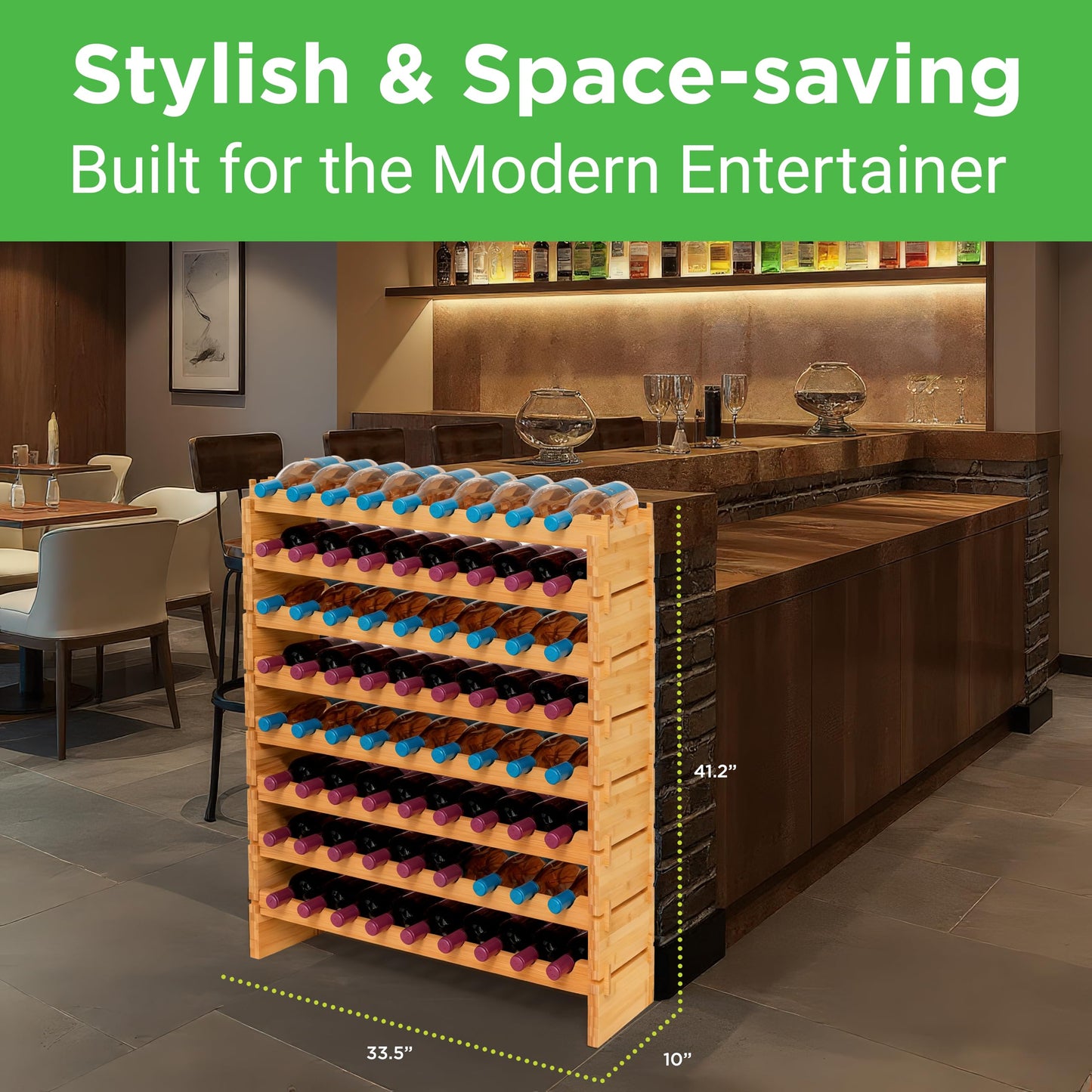 NutriChef 72 Bottle Wine Rack Stackable Bamboo Freestanding, 8-Tier Modular Shelf, Sturdy Wobble Free, Upgraded 2026 Design, Easy No-Tool Assembly for Kitchen, Cellar or Bar Storage 33.5" x 10" x 41"