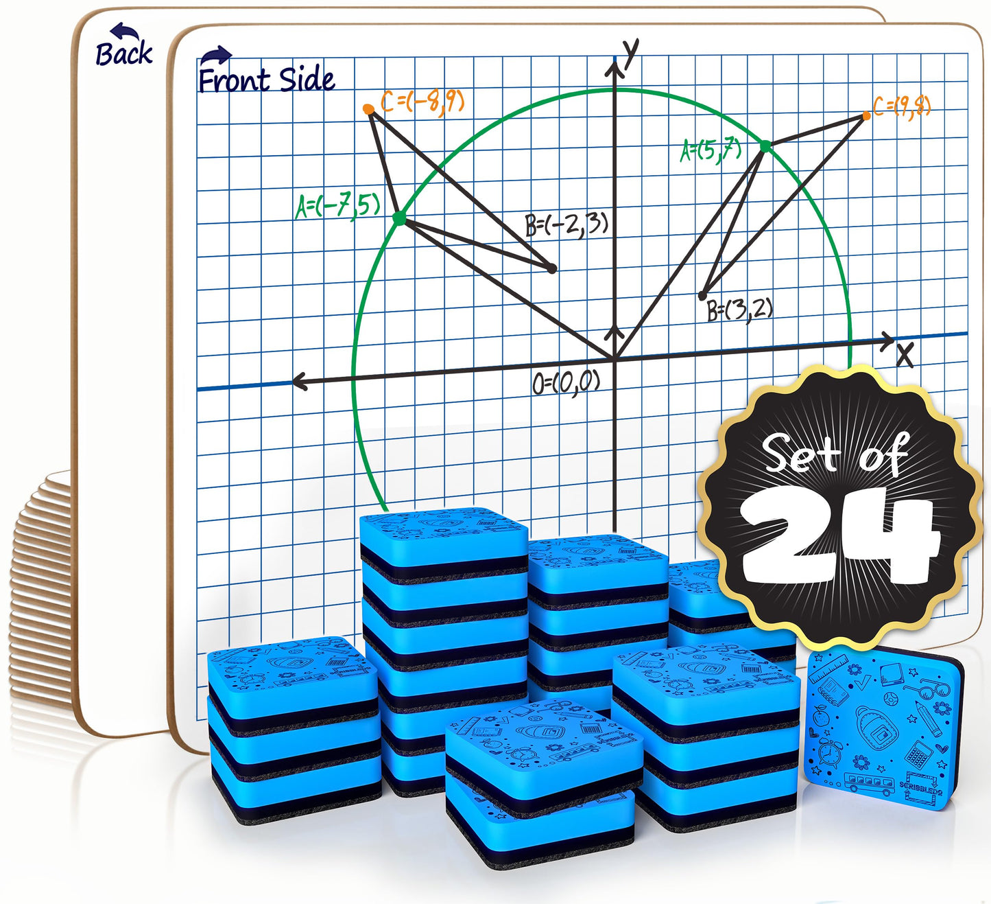 Scribbledo 24 Pack Dry Erase XY Axis Graph Lap Board 9" X 12" for Student and Classroom Use, Math White Board - Double Sided With 24 Erasers Included