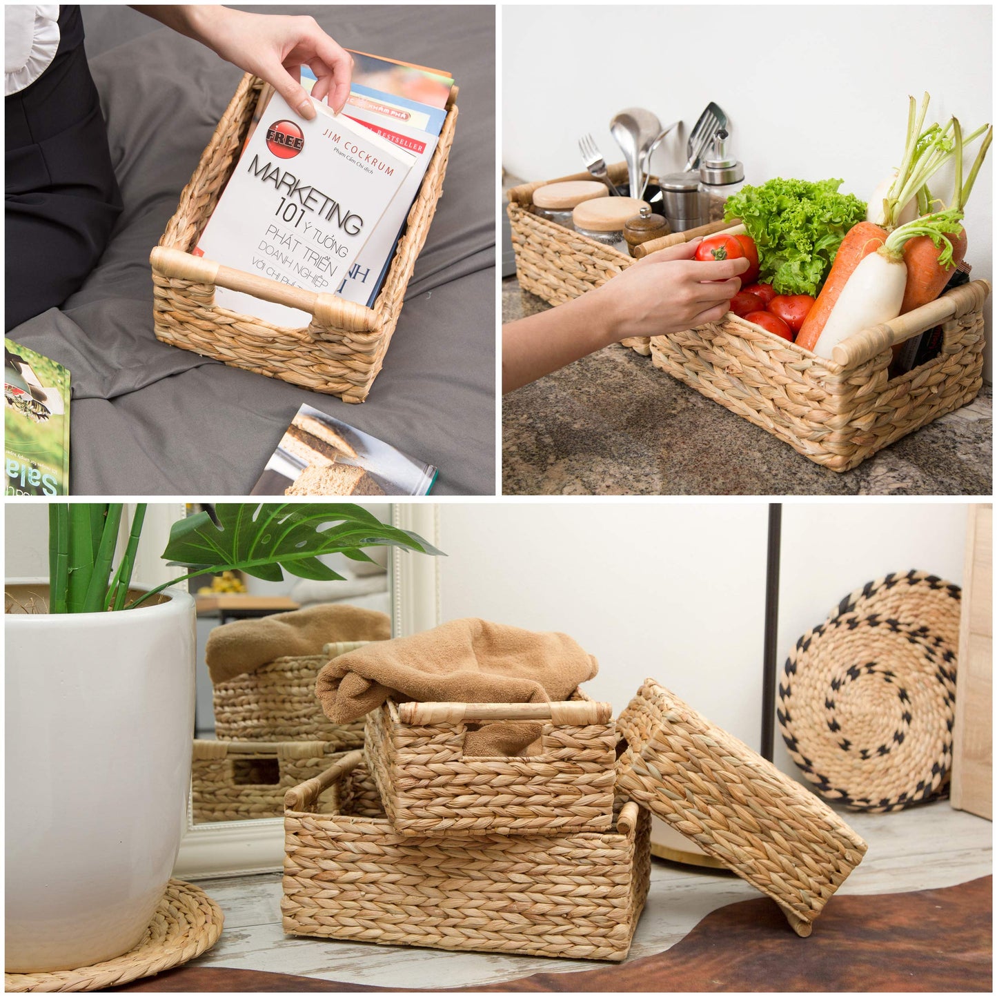 VATIMA Hyacinth Wicker Basket Set 3 size - Rectangular, Wooden Handles, Shelf Organizer, Natural Bins