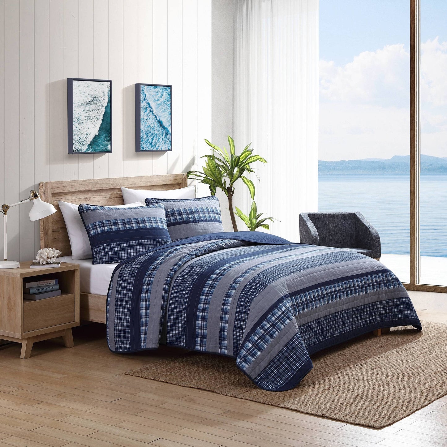 Nautica- Twin Quilt Set, Cotton Reversible Bedding Set (Addison Blue, Twin)