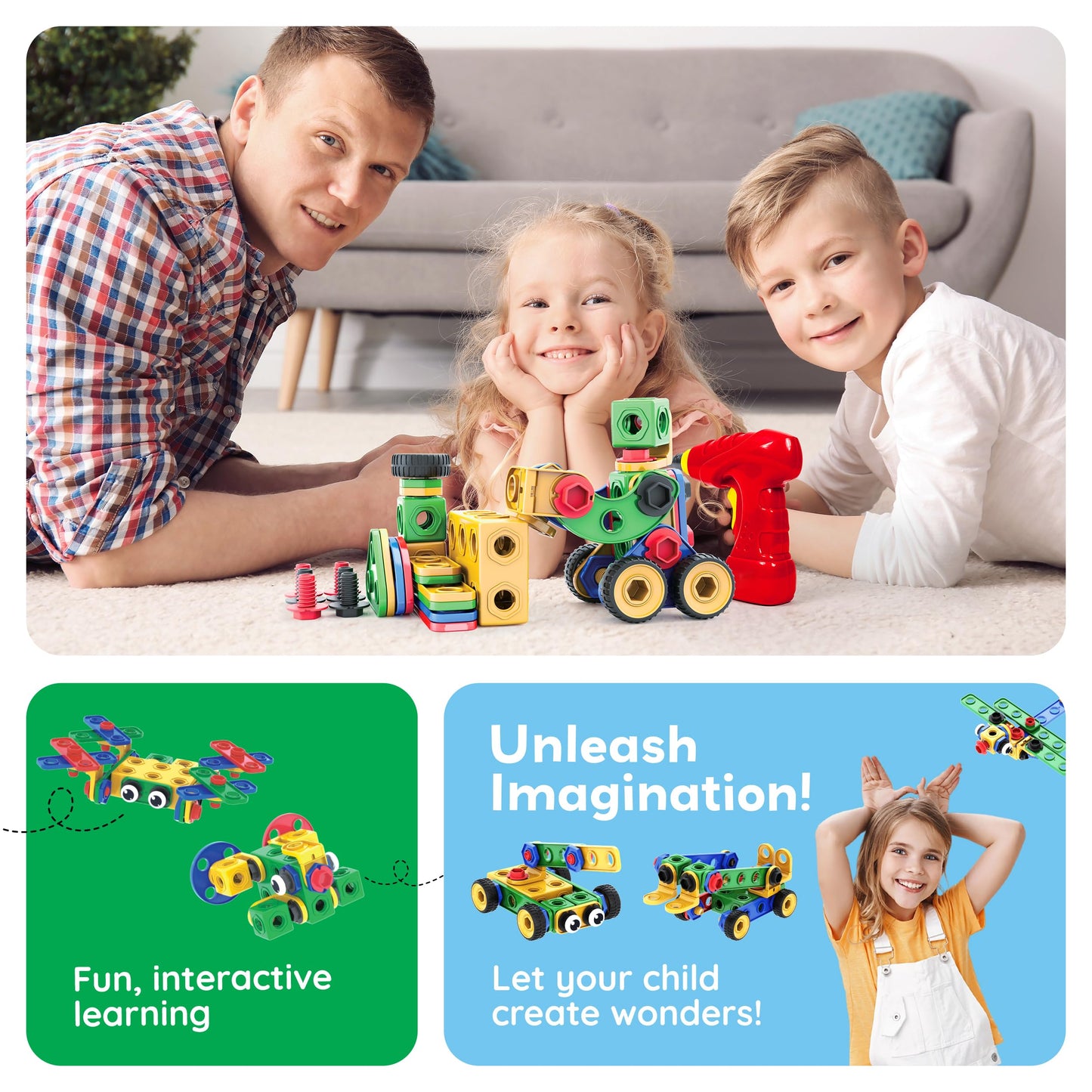 PicassoTiles STEM Learning Toys 201 Piece Building Block Kids Construction Engineering Kit Toy Blocks Children Early Education Playset w/Free IdeaBook, Power Drill, Clickable Ratchet, Age 3+ PTN201