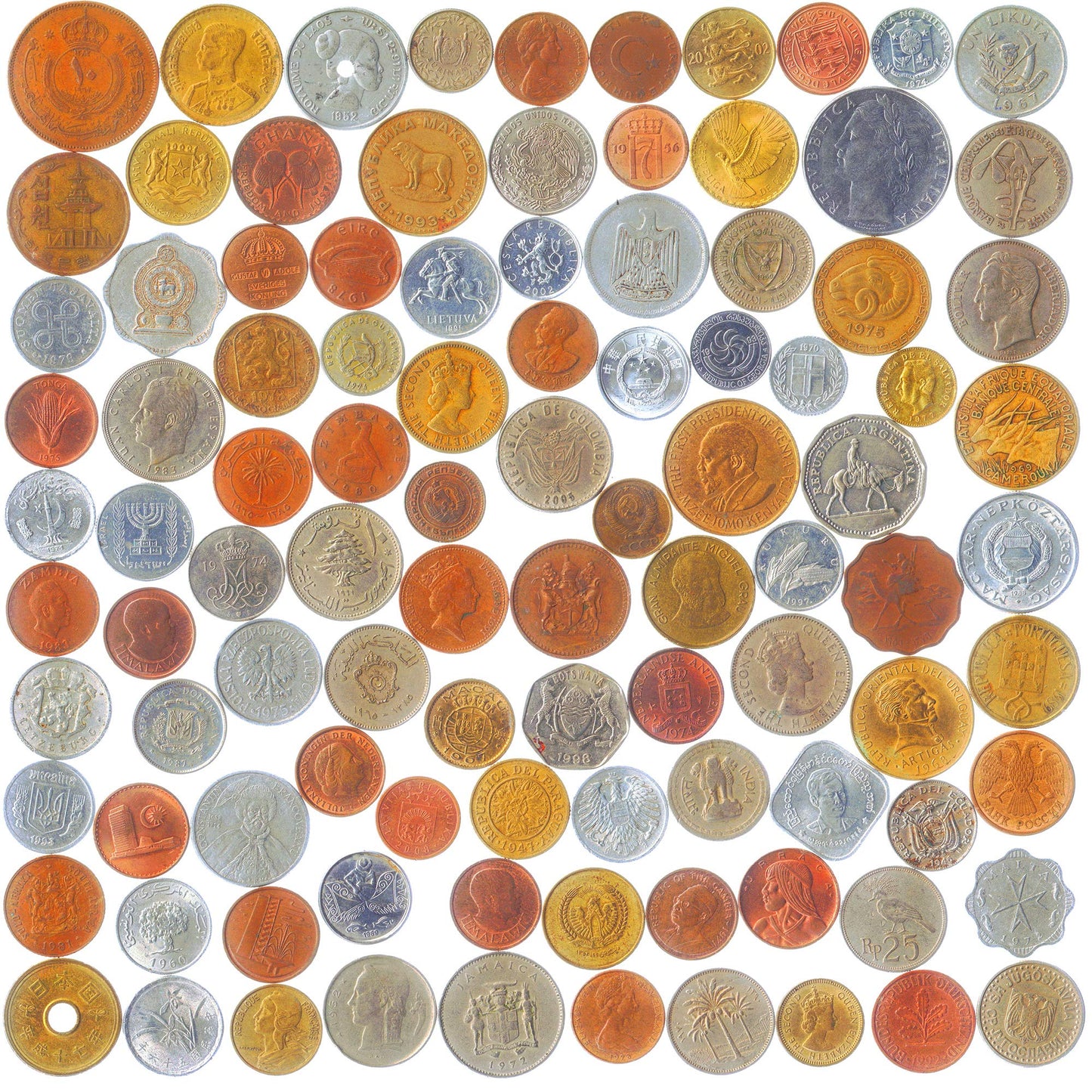 100 Coins from Different World Countries. Exclusive Money Collection. Each Coin is from a Separate Nation