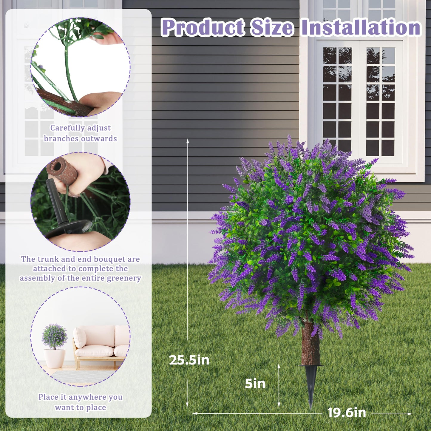 Sunnyglade 25.5" Set of 2 Artificial Lavender Topiary Ball Trees, Faux Lavender Shrub Bushes with Ground Spike, UV Resistant Fake Plants for Indoor, Garden, Yard, Porch, Patio Decor (2, Purple)
