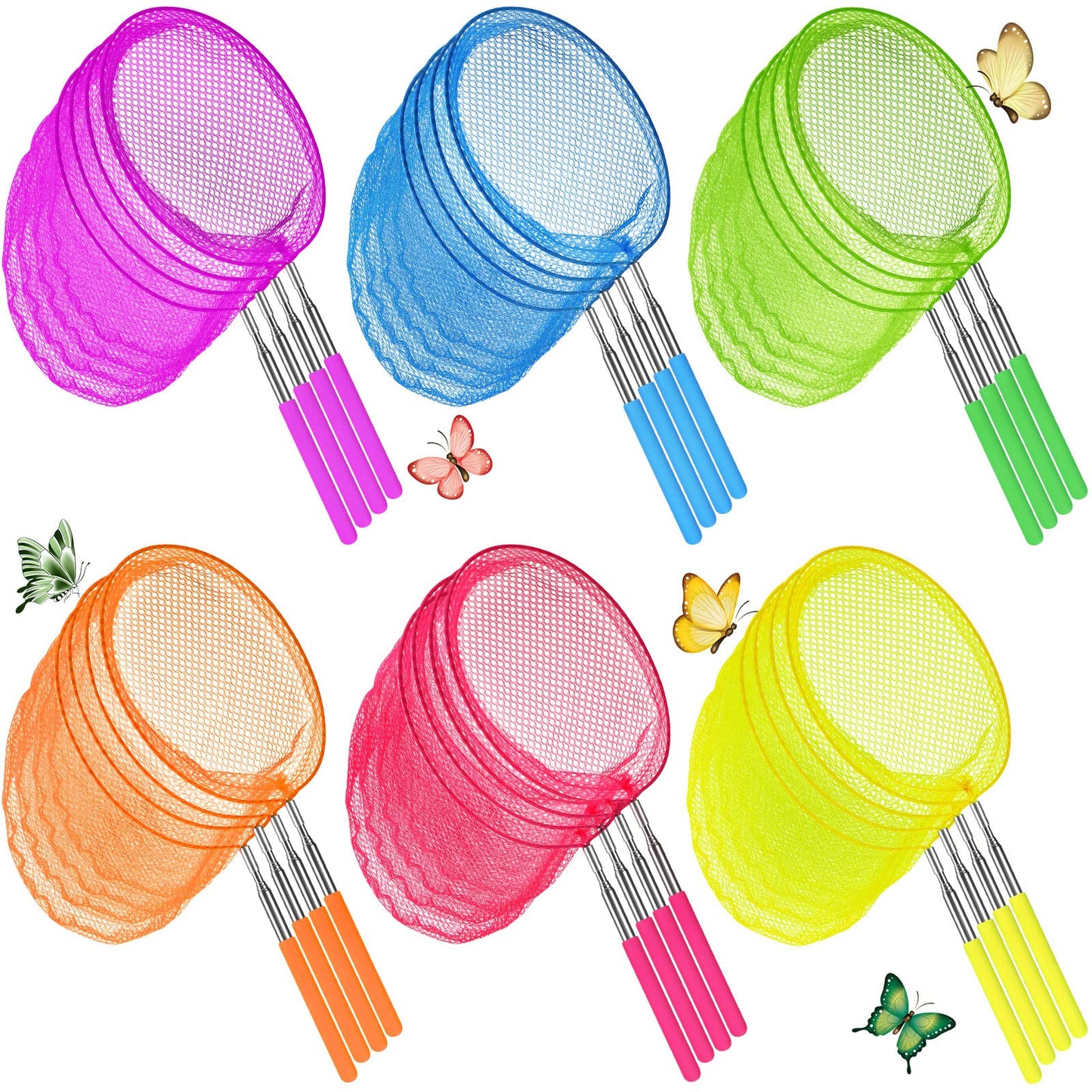 Sosation 24 Pcs Kids Telescopic Butterfly Fishing Nets Colorful Bug Catching Nets Outdoor Tools for Catching Butterfly Insects Bug Fish Ladybird, Extendable from 6.5 Inch to 34 Inch (Bright Color)