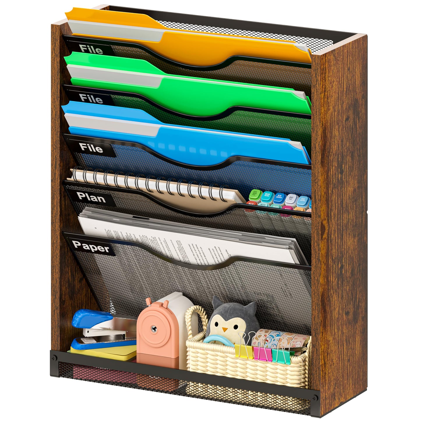 6-Tier Wall File Organizer with Bottom Tray, Ironwood Mail Organizer Wall Mounted with Metal Mesh, Document Organizer for Paper, Folder, Magazine, Office Desk Accessories for Home Cubicle Countertop