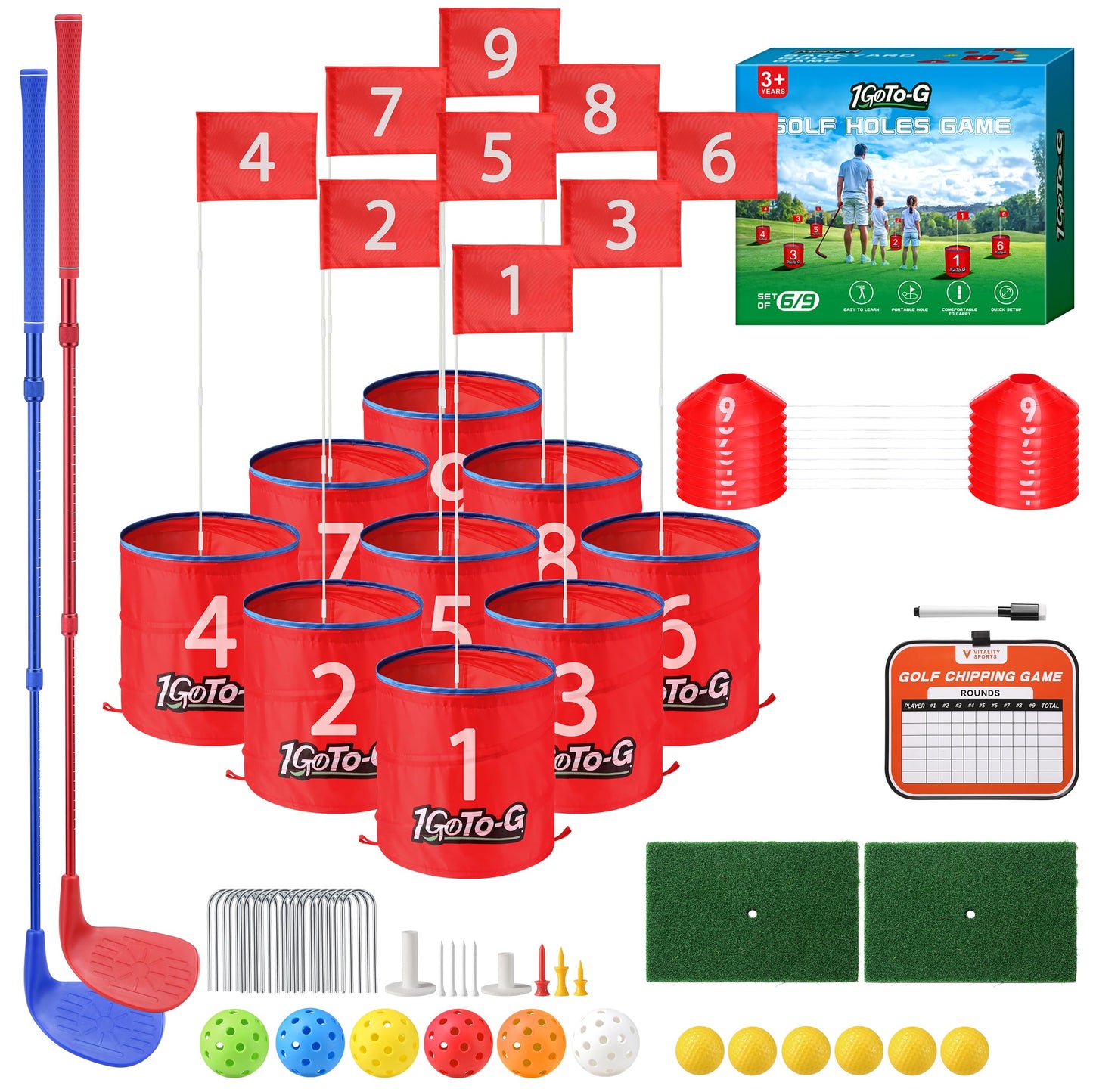 1GoTo-G Golf Bucket Game, Backyard Golf Game for Kids and Adults - Portable 9 Holes Golf Course Play Outdoor, Lawn, Park, Beach, Yard, Camping with Club.