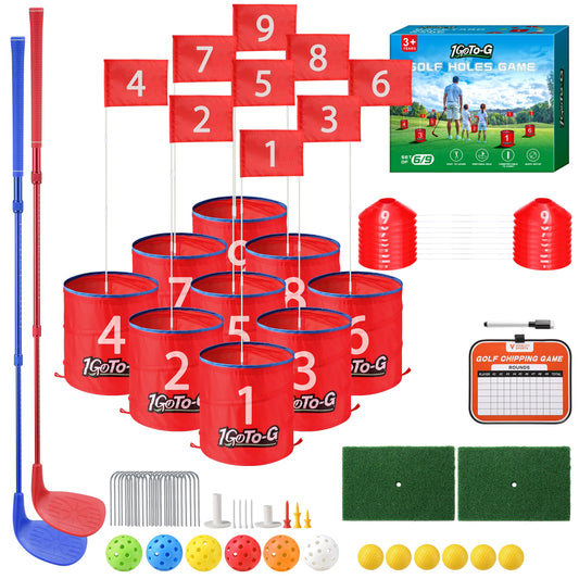 1GoTo-G Golf Bucket Game, Backyard Golf Game for Kids and Adults - Portable 9 Holes Golf Course Play Outdoor, Lawn, Park, Beach, Yard, Camping with Club.