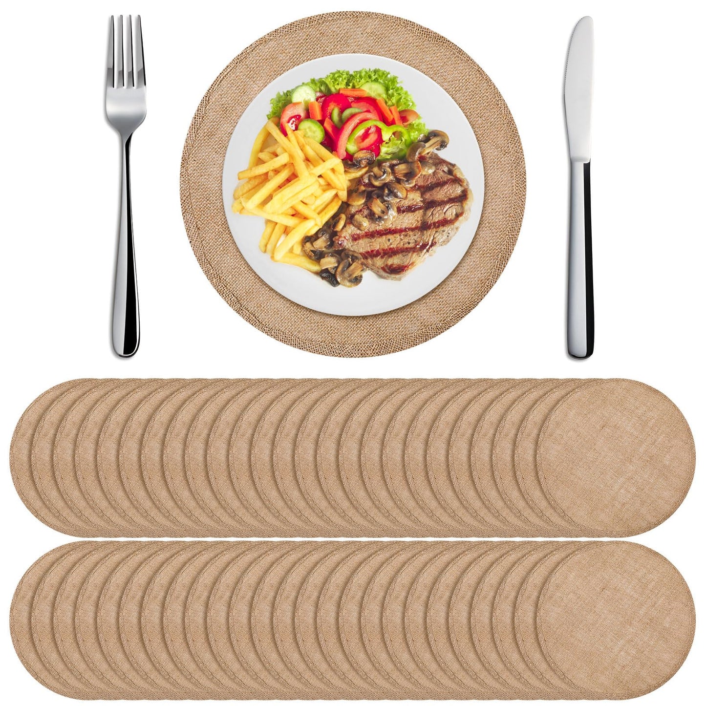 Yunlly Set of 48 Burlap Round Placemats Bulk Burlap Circle Rustic Table Decorations Jute Farmhouse Placemats Heat Resistant Round Table Mats Charger Place Mats for Christmas(11.8 in,Brown)