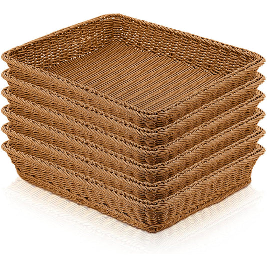 Eccliy 6 Pack Poly Wicker Bread Baskets 19 Inch Imitation Rattan Serving Trays for Bread Snacks Fruit Vegetables Tabletop Display Basket for Kitchen Restaurant Home Hotel