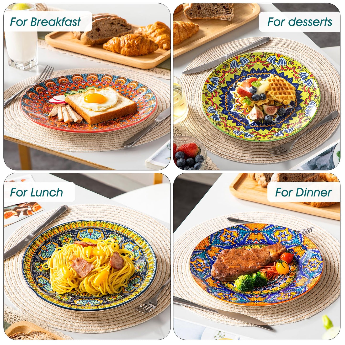 vancasso Colorful Dinner Plates Set of 6, 10.5 Inch Ceramic Kitchen Plates for Dinner, Bohemian Printed Dishes for Dining, Microwave & Dishwasher Safe Plate Set, Series KRVI