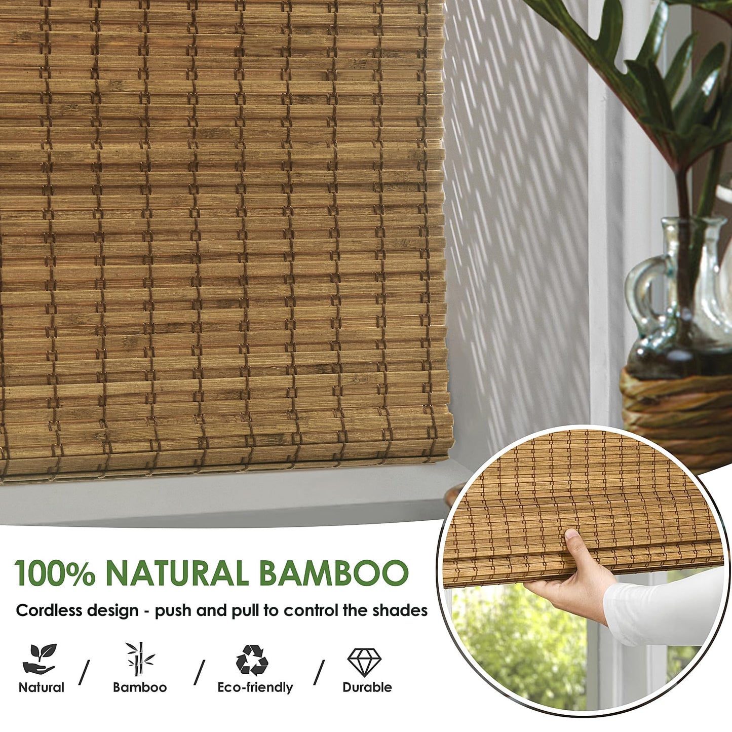 LazBlinds Cordless Bamboo Roman Shades, Privacy Blinds for Interior Windows, Room Darkening Roll Up Bamboo Blinds for Home & Patio, 31.5" W x 64" H, Highfield Teak