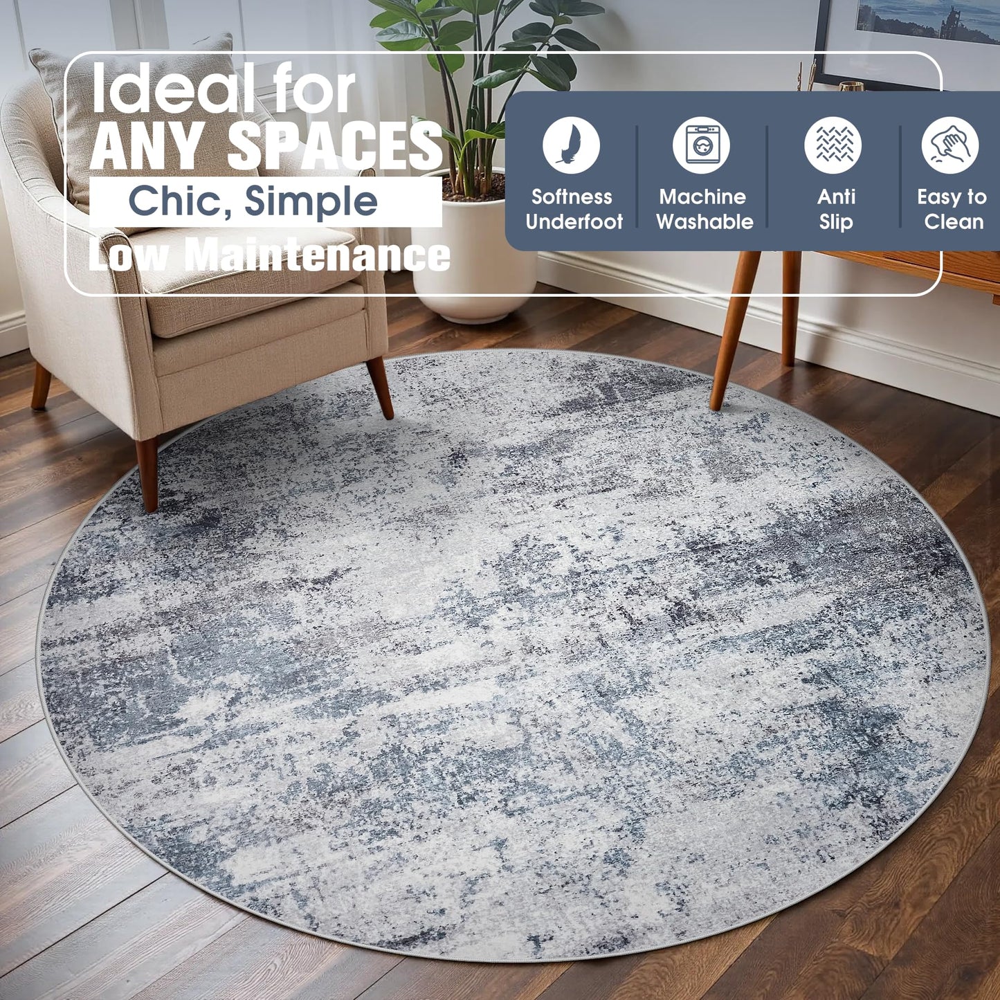 Round Rug 6ft Circle Rug Washable: Carpet Small Circular Area Rug for Entryway Kitchen Bedroom Dining Room Living Room 6 Feet Abstract College Dorm Non Slip Low Pile Blue Grey