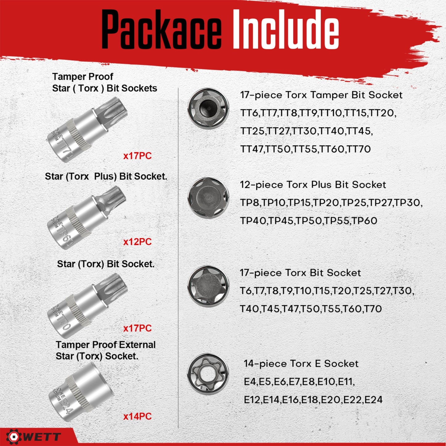 WETT Master Torx Bit Socket and External Torx Socket Set, 60-Piece 1/4", 3/8", 1/2" Drive E-Torx Sockets (E4-E24, T6-T70, TT6-TT70, TP8-TP60), S2 and CR-V Steel