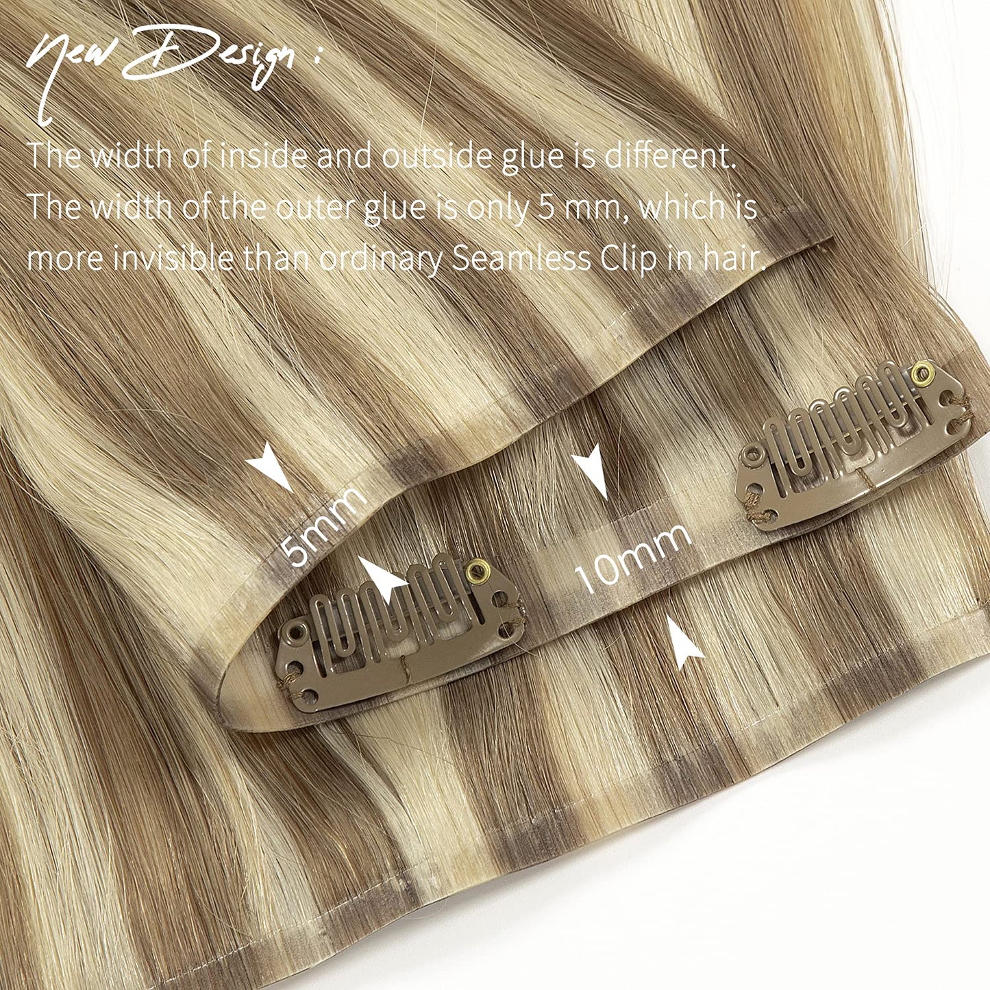 Lacer Hair Seamless Clip in Hair Extensions Human Hair Highlight Color Light Brown with Platinum Blonde 8pcs Invisible PU Skin Weft Straight Natural Remy Hair Extensions Clip in for Women 20 Inch 115g