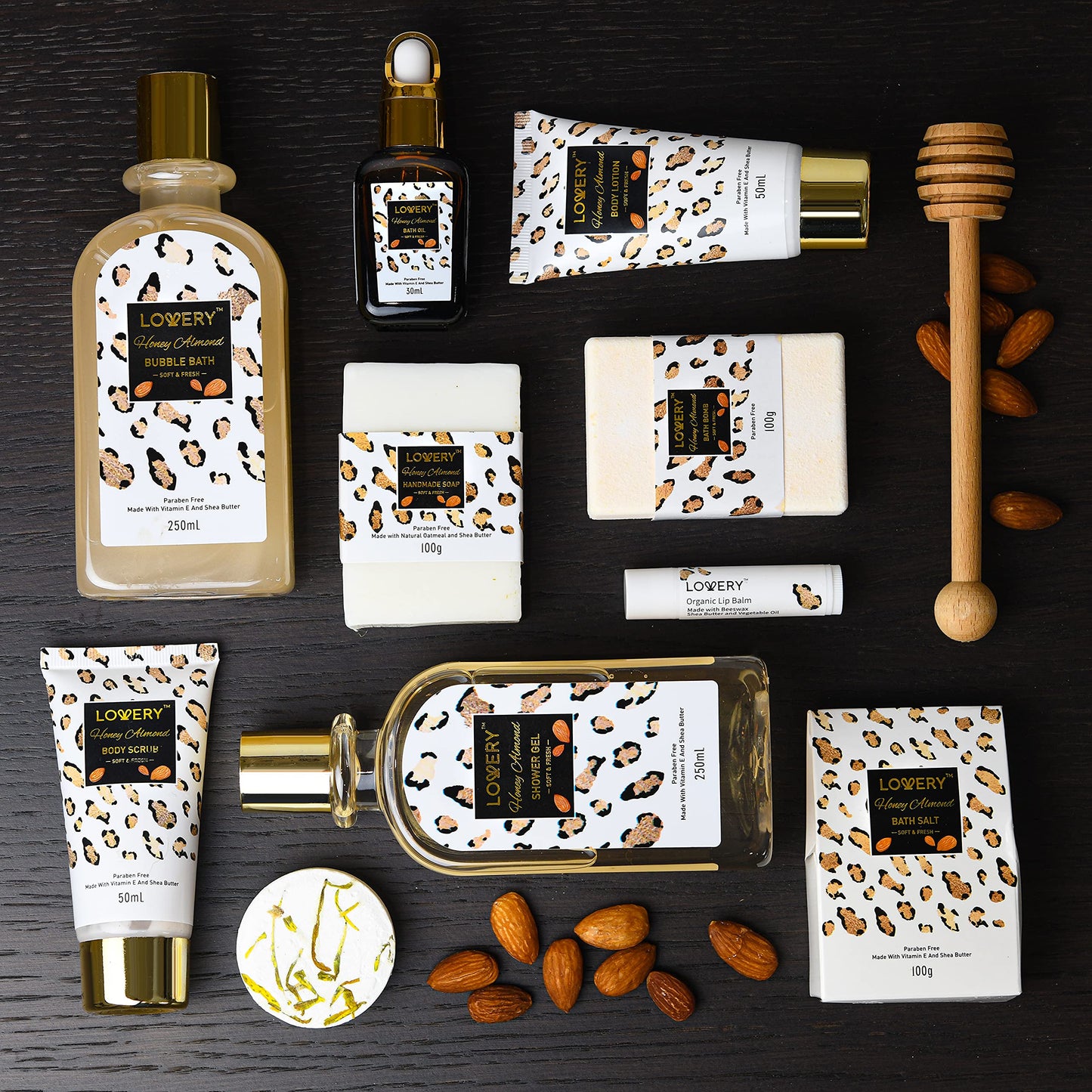 Valentines At-Home Spa Kit with Honey Almond Scent, Bath Gift Basket - Vit E-Rich Bath Essentials, Tumbler, Ear Candles, Bath Oil, Salts, Shower Steamer, Organic Lip Balm & More in Leopard Basket, 21