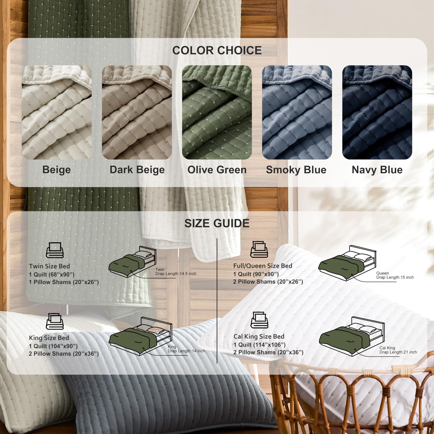 WDCOZY Blue Cross Stitch King Size Quilt Set, Striped Lightweight Soft Bedspread, Channel Farmhouse Rustic Coverlet, All Season Country Bedding, Thin Comforter