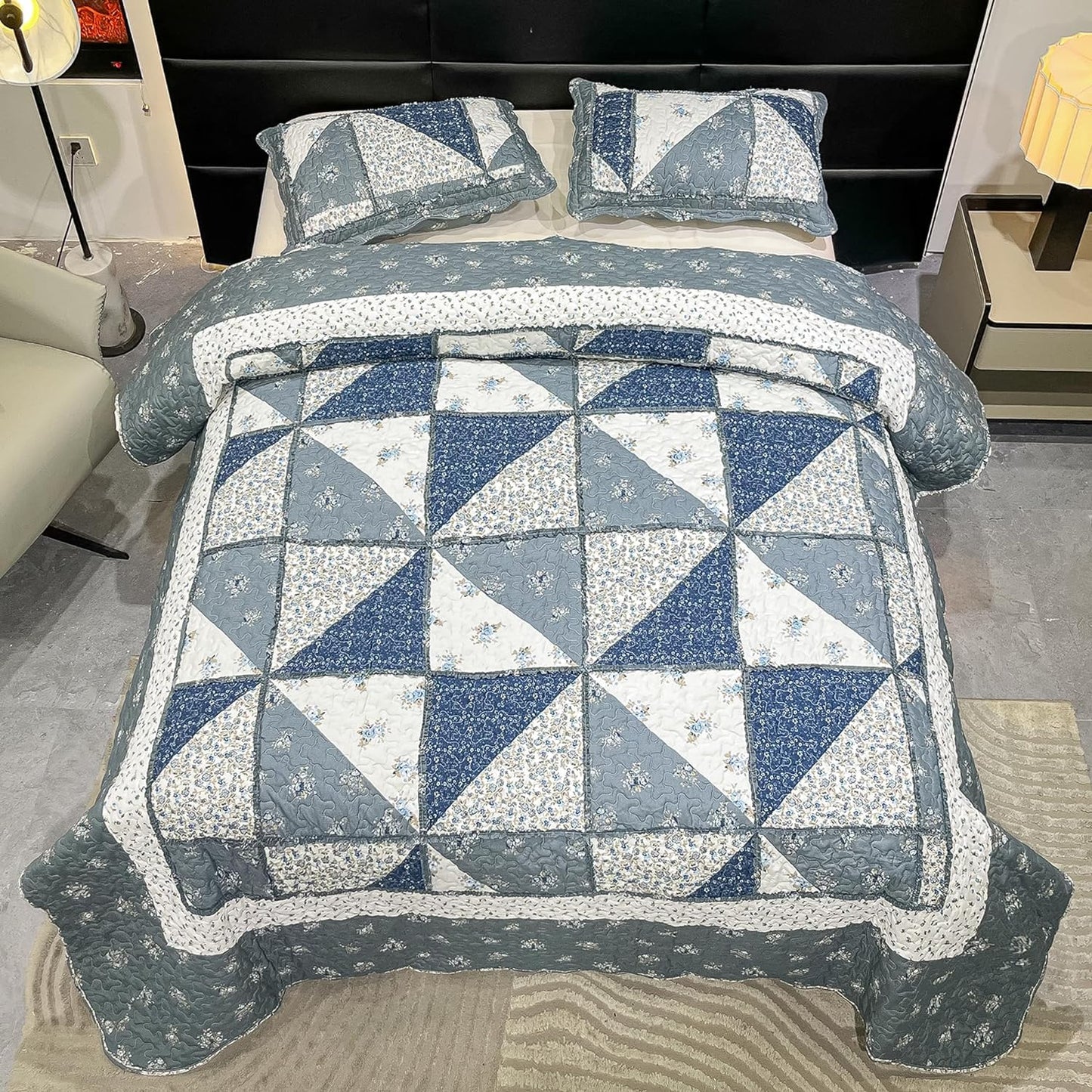 Oversized King Size Grey Floral Plaid Patchwork Quilt Set 128x120 Extra Wide Super King Size Rversible Quilted Bedspread Coverlet Set 3-Piece Comforter Bedding Set Bed Cover with 2 Pillow Shams