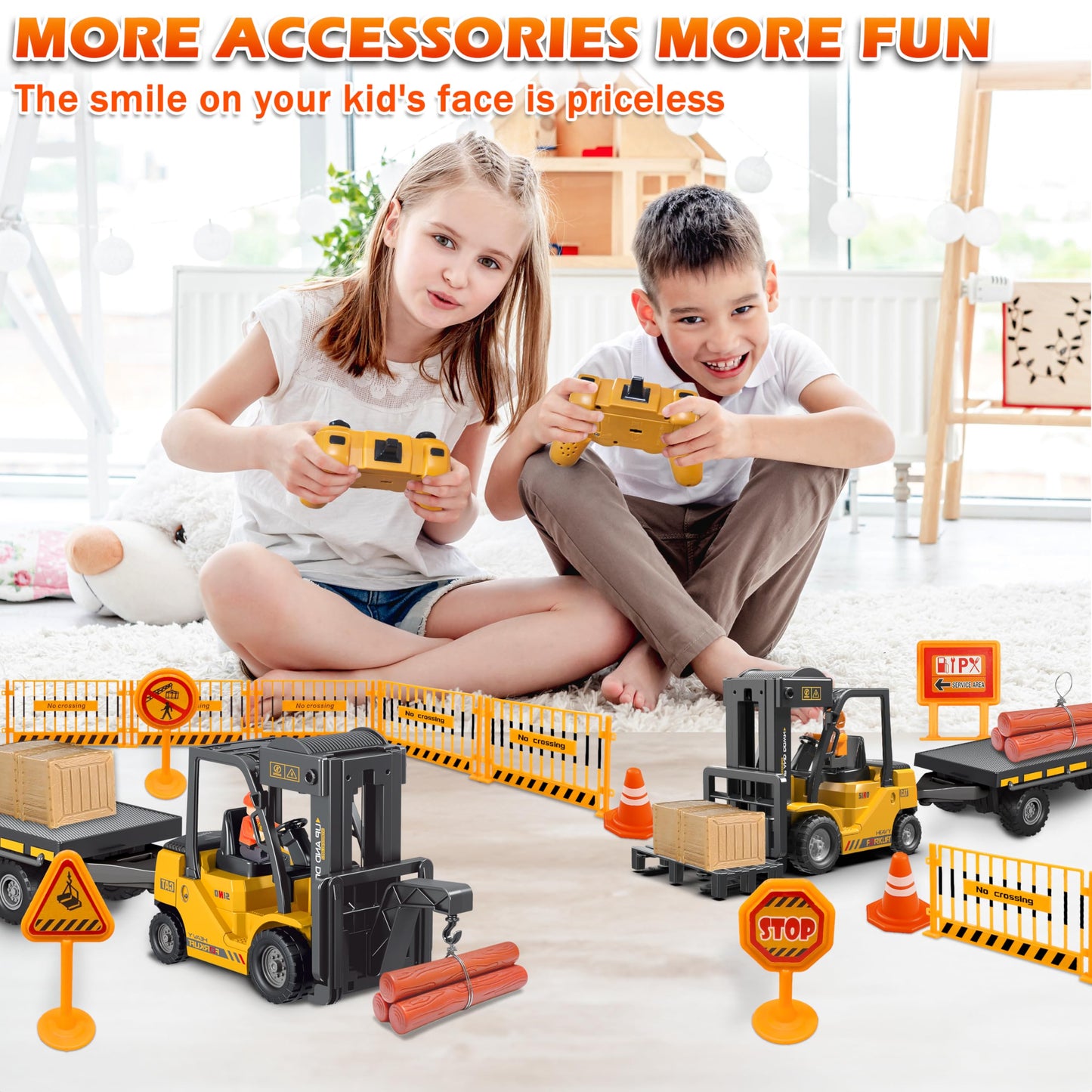 VWAHNANA RC Forklift Toy with Trailer, Kids Forklift Construction Toys Set with Flatbed Truck & Crane Toy Hook, 2 Battery/Spray/Light, Remote Control forklift Toys for 6 7 8 9 10-12 Year Old Boys Gift