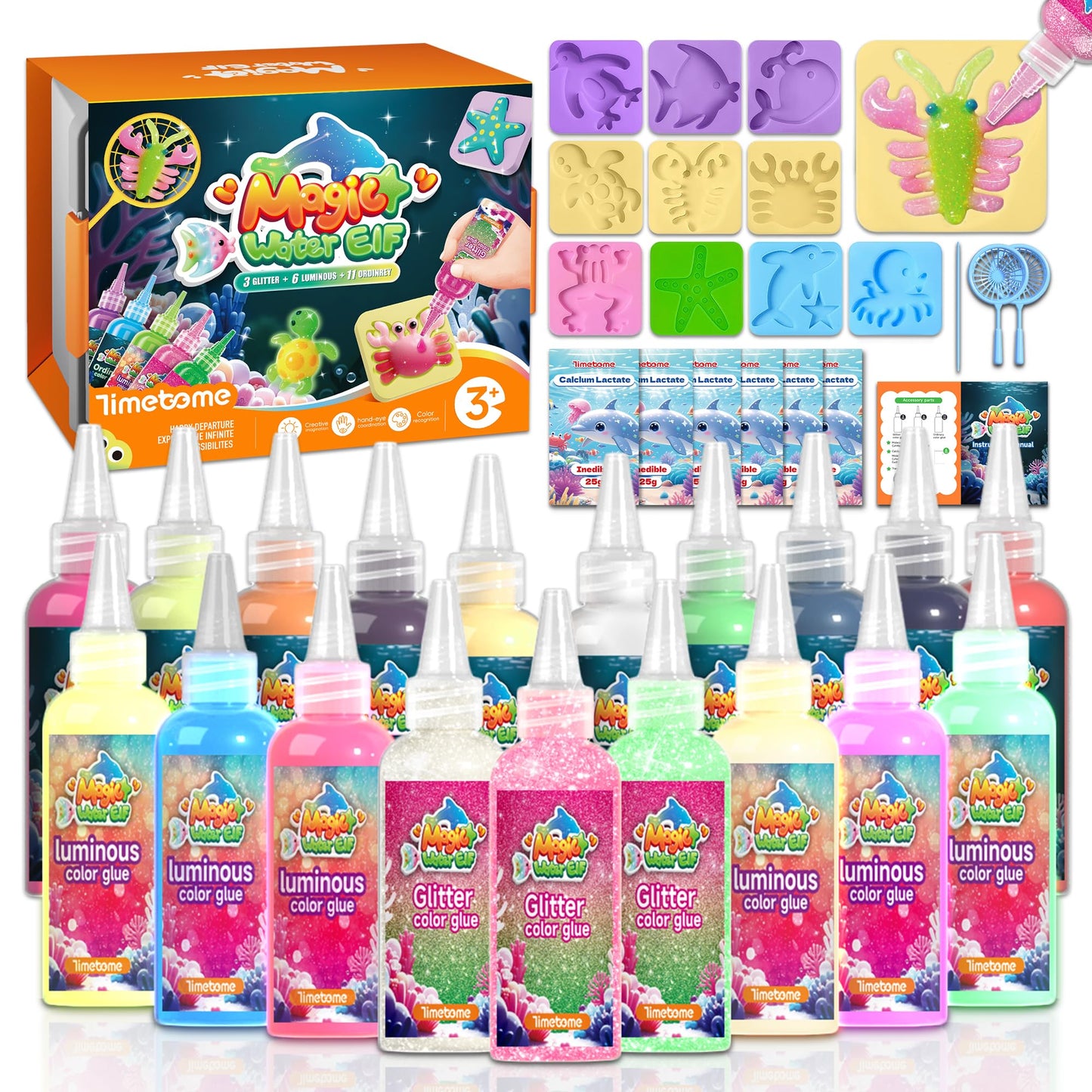 Timetome Magic Water Elf Toy Kit for Kids - 20 Colors Magic Gel (11 Normal + 6 Glow + 3 Glitter) & 10 Molds DIY Aqua Fairy Squishy Maker Toys, STEM Learning Activity, Birthday Gift for Boys & Girls 3+