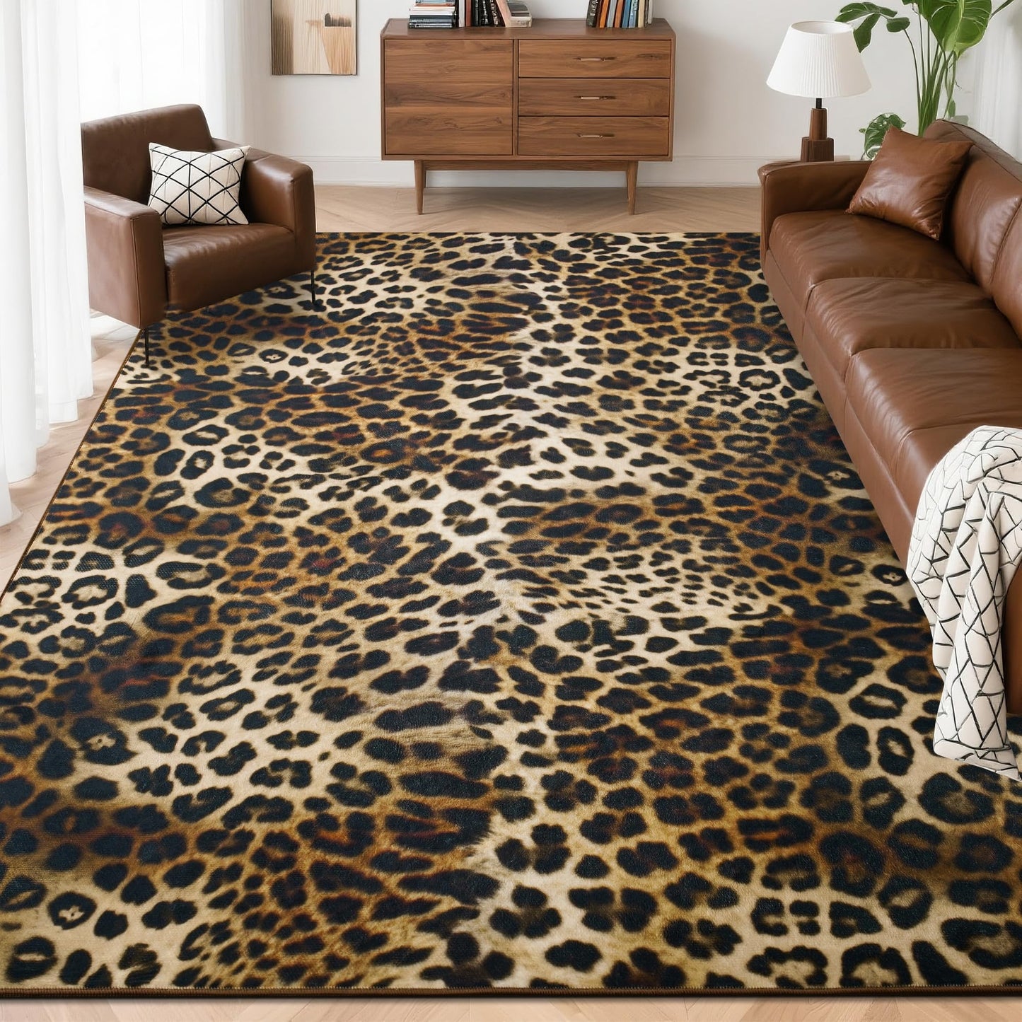 Foxmas Leopard Area Rugs for Living Room, 5x7 Feet Machine Washable Cheetah Print Rug, Non-Slip Indoor Floor Animal Rug, Carpet for Bedroom Dining Room Laundry Room Kitchen Home Office, Dark Brown