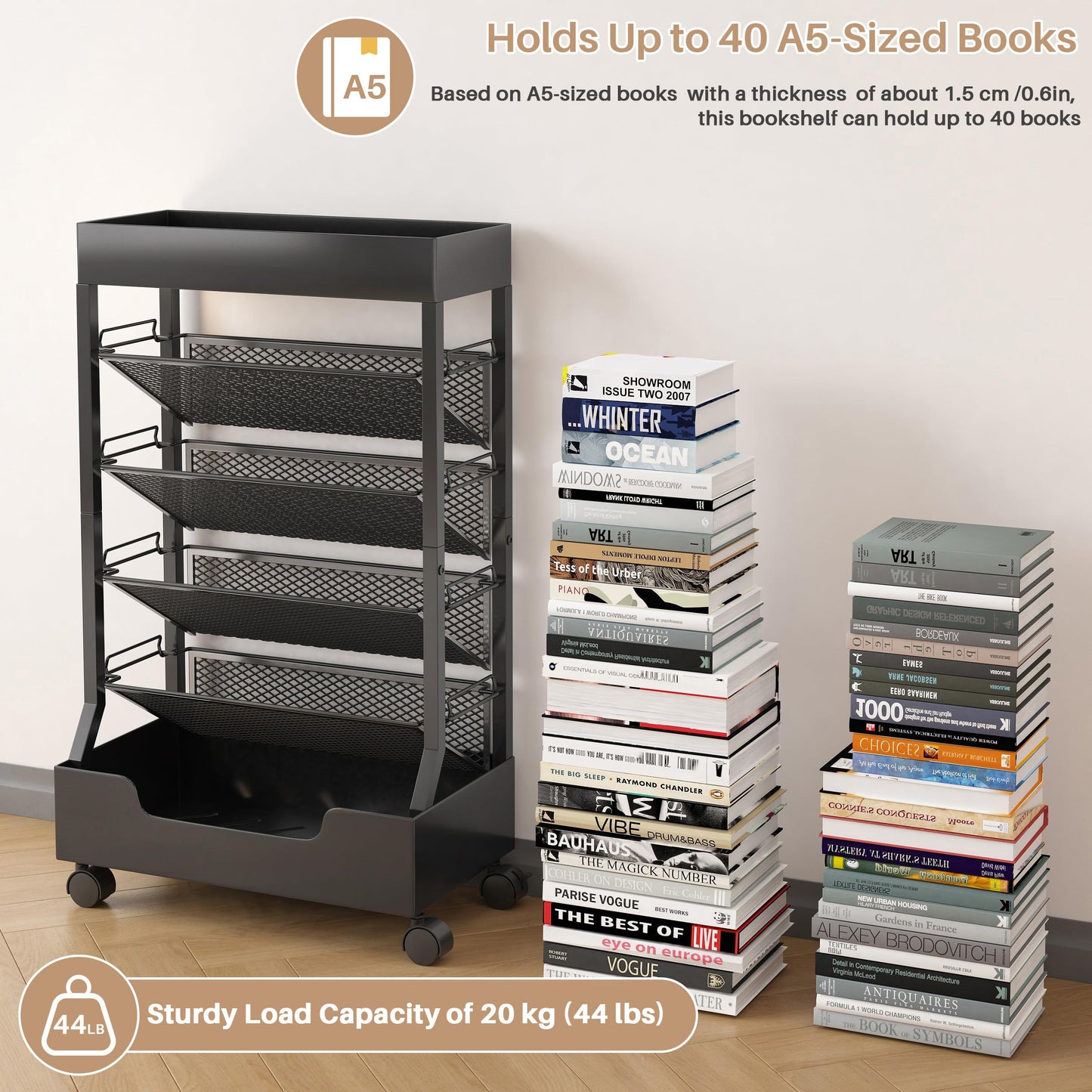 UMDONX Modern Mobile Book Cart Single-Sided Rolling Bookshelf with Metal Top & Base, Premium Snap-in Shelves, Heavy Duty & Elegant Storage for Home Study, Office, Classroom Black