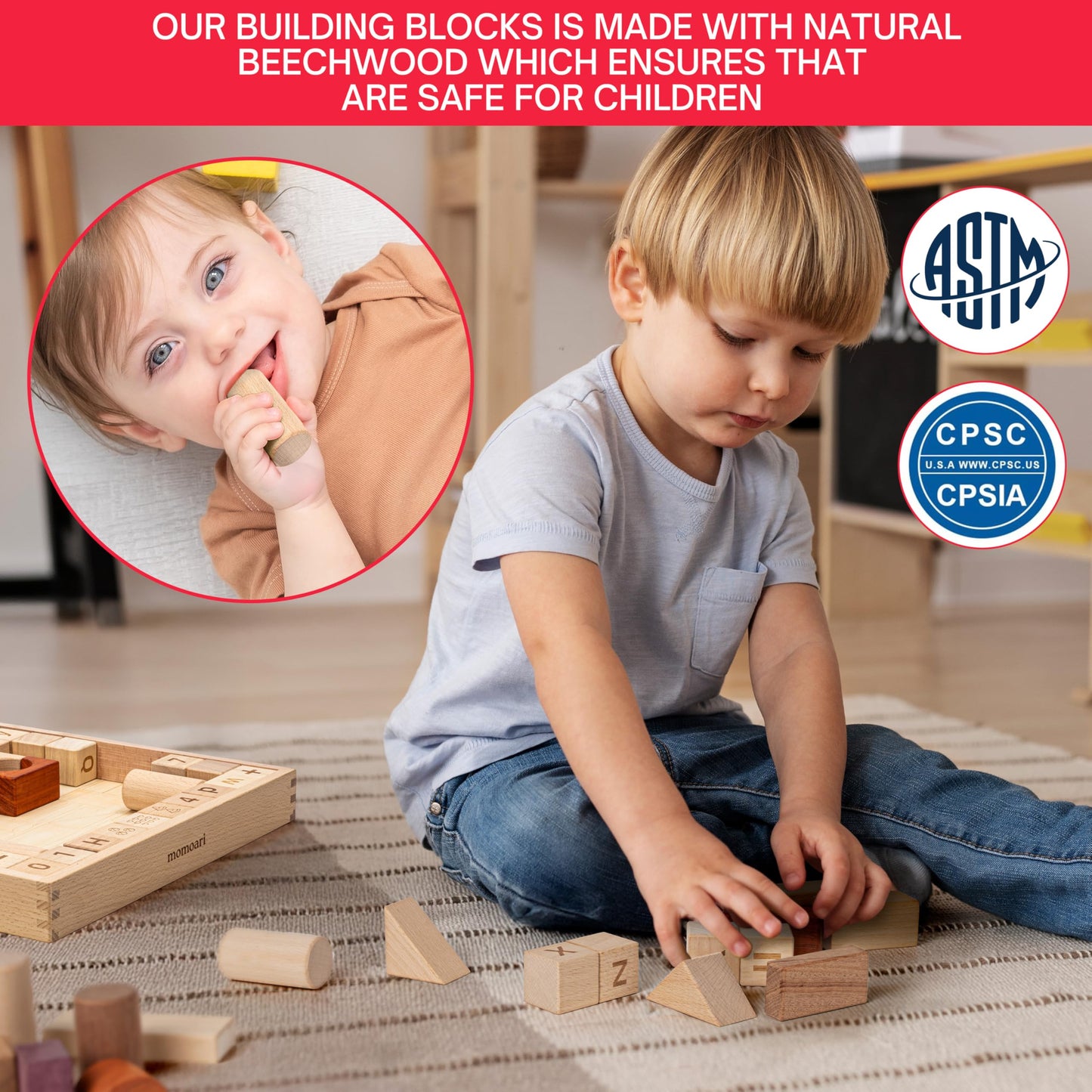 MOMOARI Alphabet Number Early Math Wooden Building Blocks