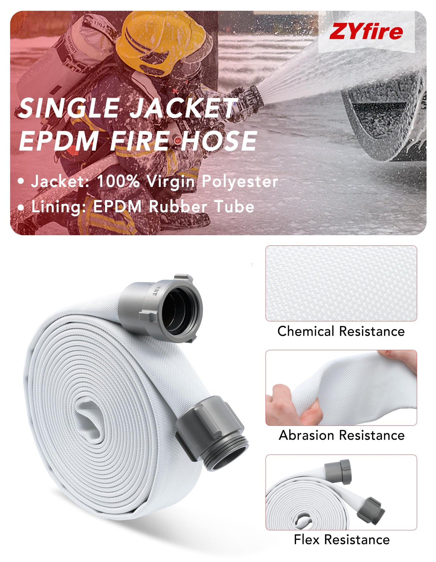 ZYfire Fire Hose - 2" ID x 25 FT Single Jacket EPDM Firefighter Hose with M × F NST/NH Aluminum Couplings 750 PSI Burst Pressure Lightweight for Use in Firefighting