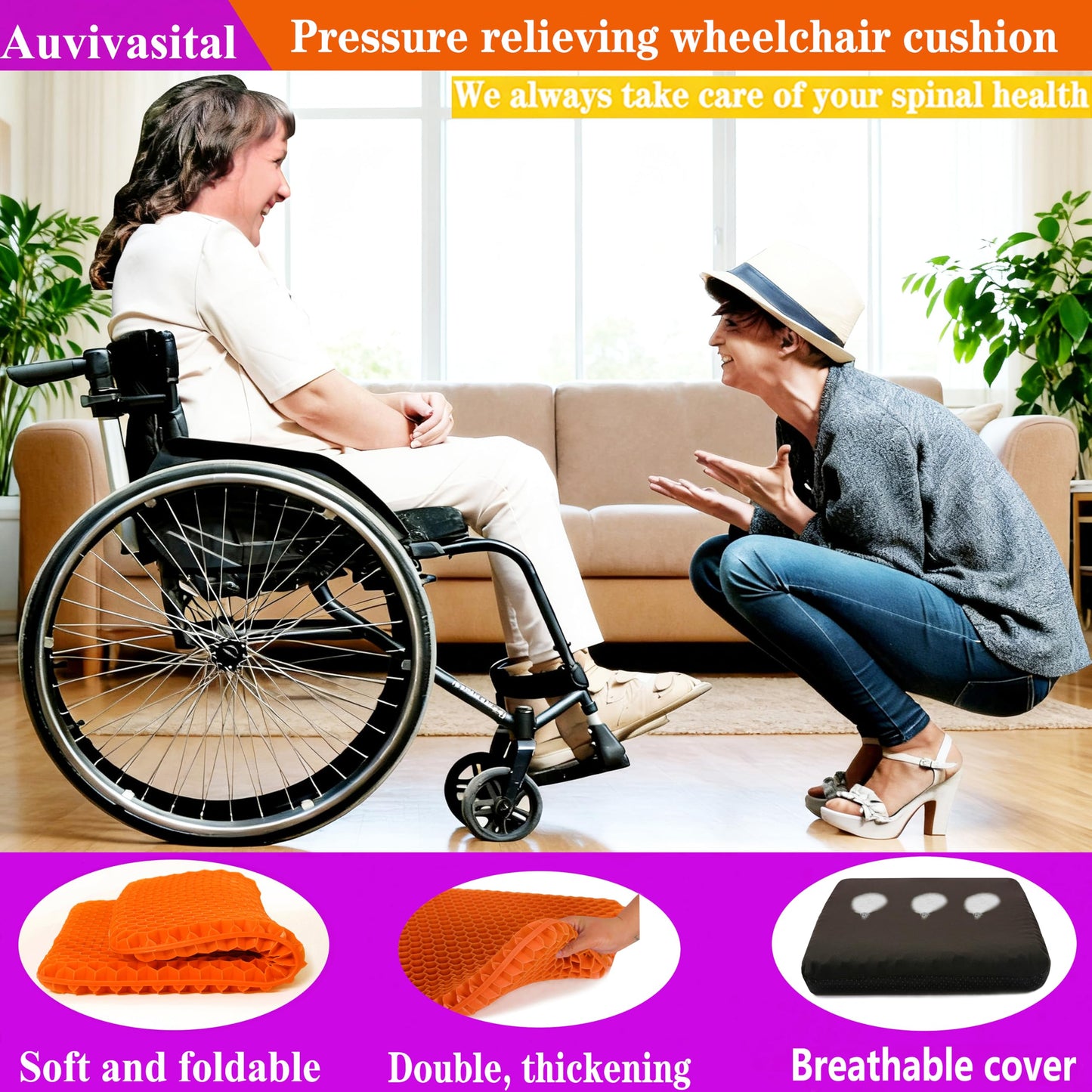 Plus Size Gel Seat Cushion for Long Sitting, Cooling Supportive Large Seat Cushion for Back, Hip, Sciatica, Tailbone Pain Relief, Use for The Office, Wheelchair, Car, Recliner, Stadium, Kayak.(Orange)
