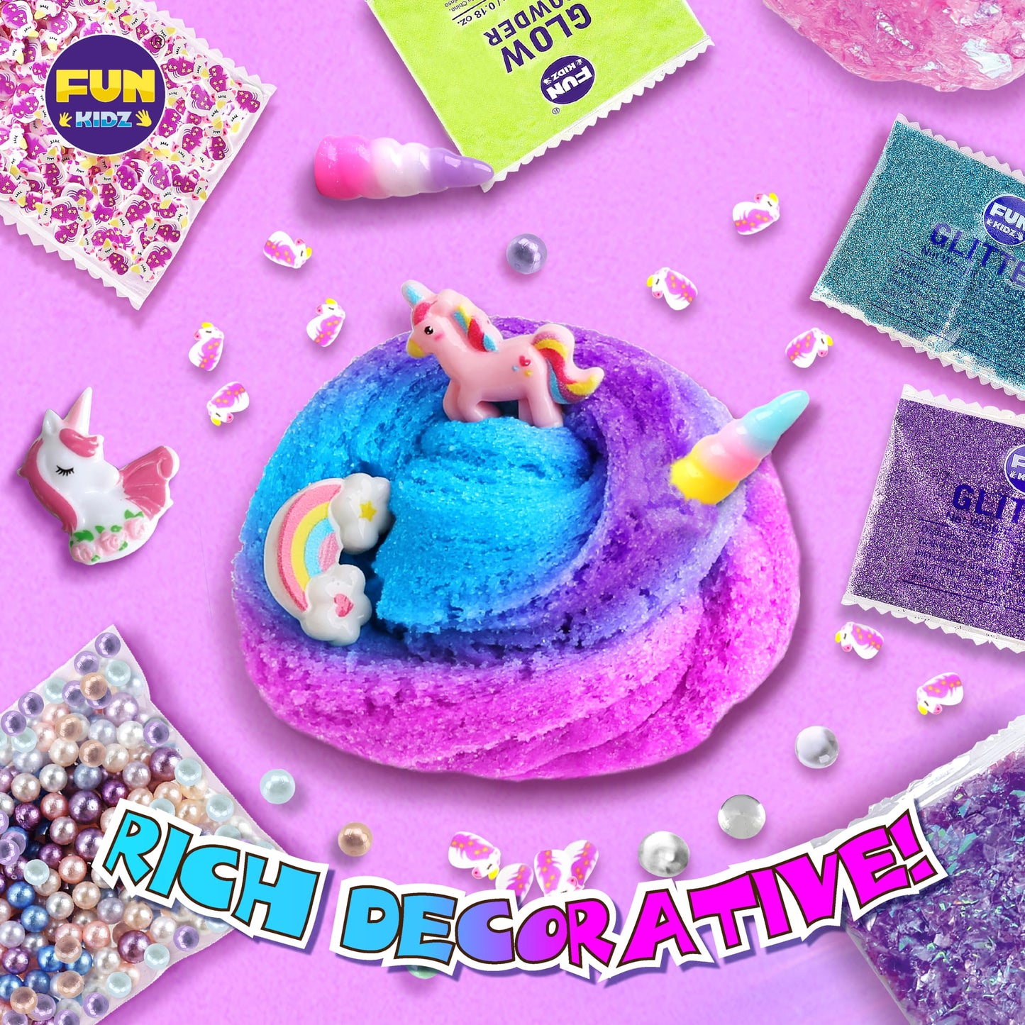 FUN KIDZ Unicorn Slime Kit for Girls, Fluffy Cloud Slime Toys Gifts for Ages 8-12 10-12 Kids Butter Squish Glitter Foam Clear Slime Making Kits for 6 7 8 9 10 Years Old with Unicorn Charms Supplies