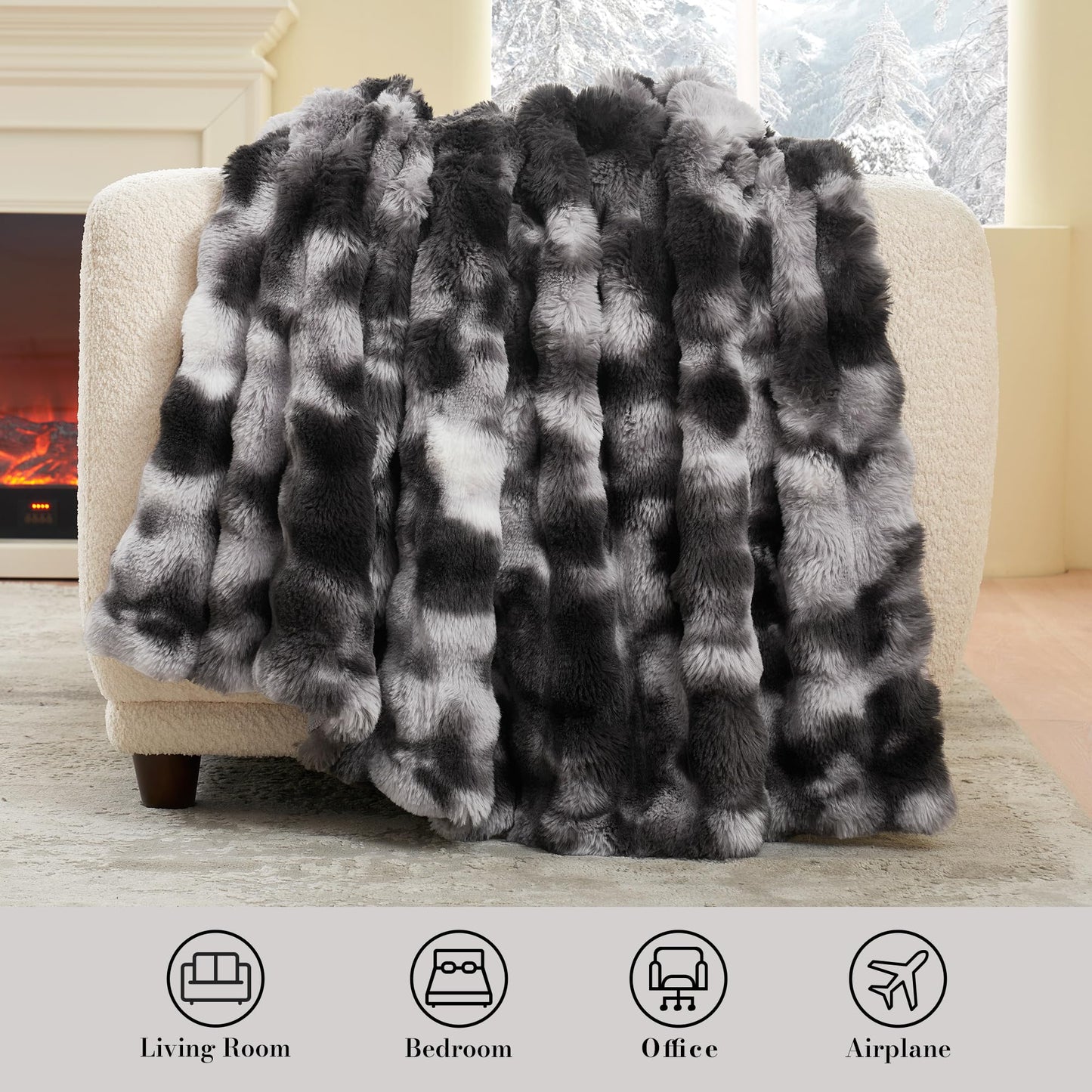 Amélie Home Faux Fur Throw Blanket, Ultra Soft Fuzzy Plush Bubble Blanket for Couch, Bed & Living Room, 60"x80", Tie-dye Black