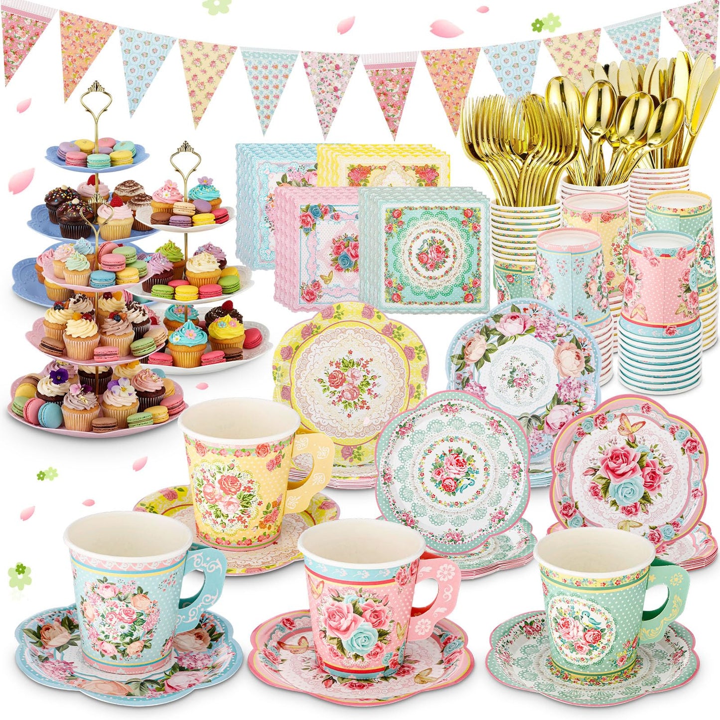 Nuogo 244pcs/40set Disposable Tea Party Supplies Vintage Floral Paper Tea Plates Cups Napkin 3 Tier Cake Stand Bunting Banner and Disposable Tableware for Birthday Baby Shower Bridal Wedding, Serve 40