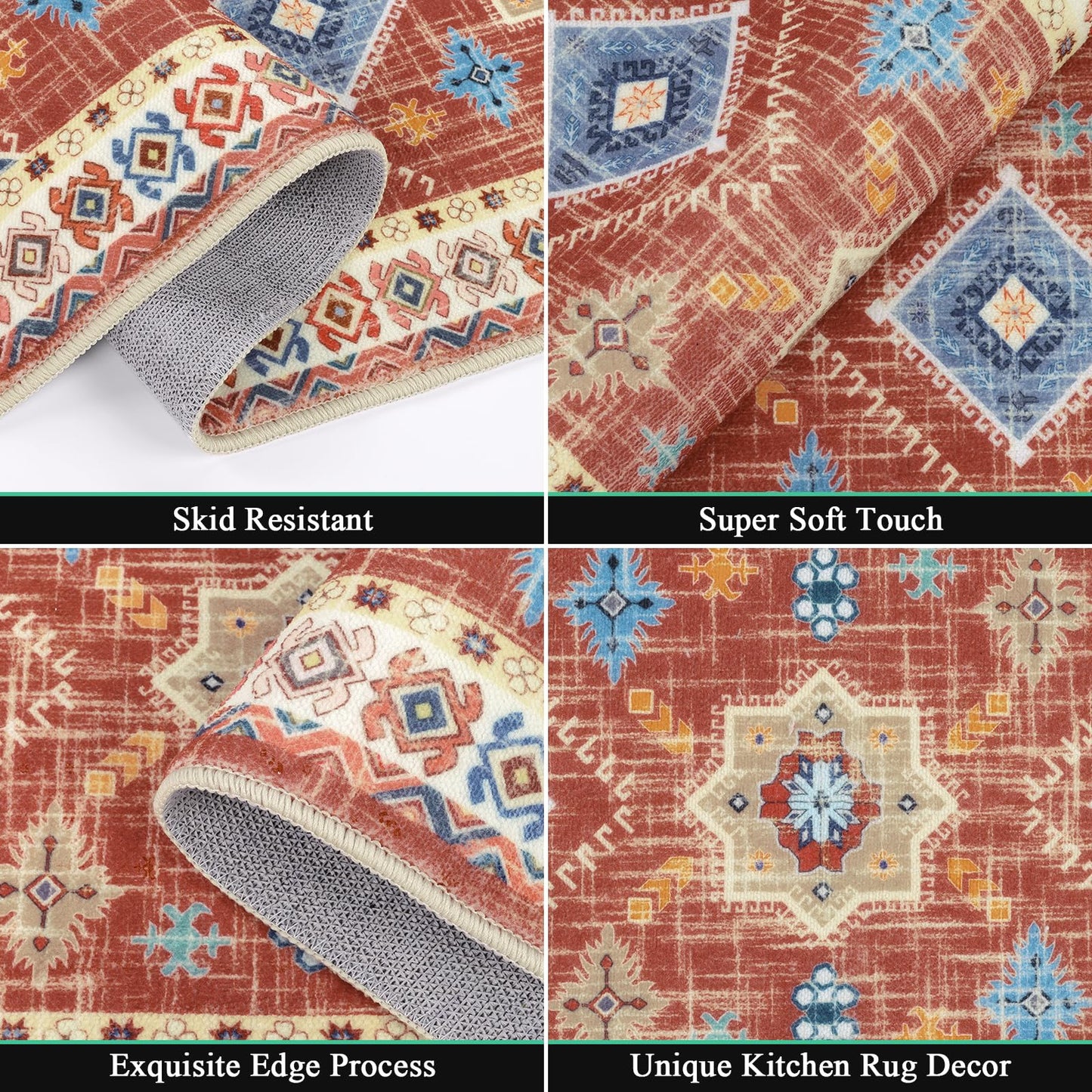 HEBE Boho Kitchen Rug Sets 3 Piece with Runner Non Slip Kitchen Rugs and Mats Washable Kitchen Mats for Floor Thick Kitchen Floor Mat Carpet Runner Rugs for Hallway Laundry Holiday Decor