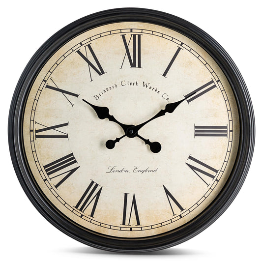 Bernhard Products Large Decorative Wall Clock 20 Inch Silent Non Ticking Battery Operated Quartz Vintage Stylish with Rustic Black Rim for Home Living/Dining Room Kitchen & Over Fireplace