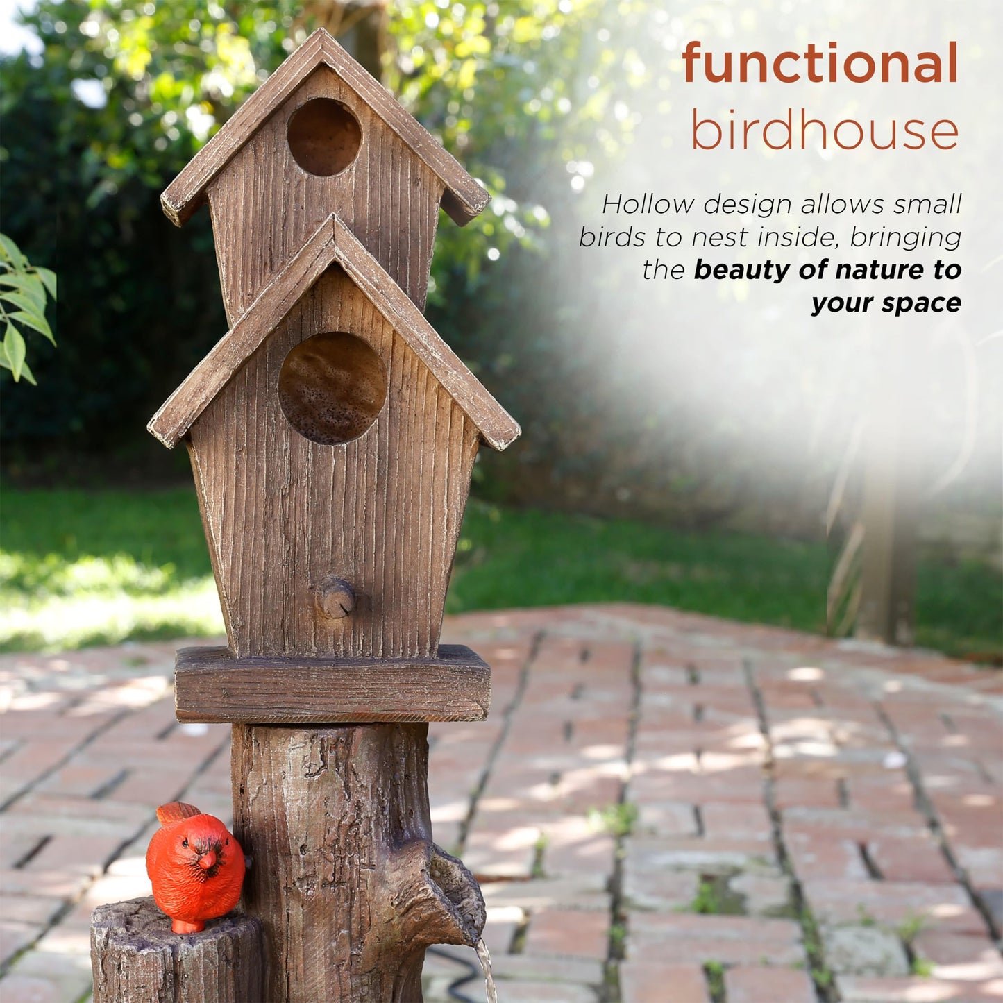 Alpine Corporation WCT1002 35" Tall Outdoor 3-Tier Birdhouse Water Fountain with Cardinal Accent, Rustic Floor Decor for Garden and Patio, Brown