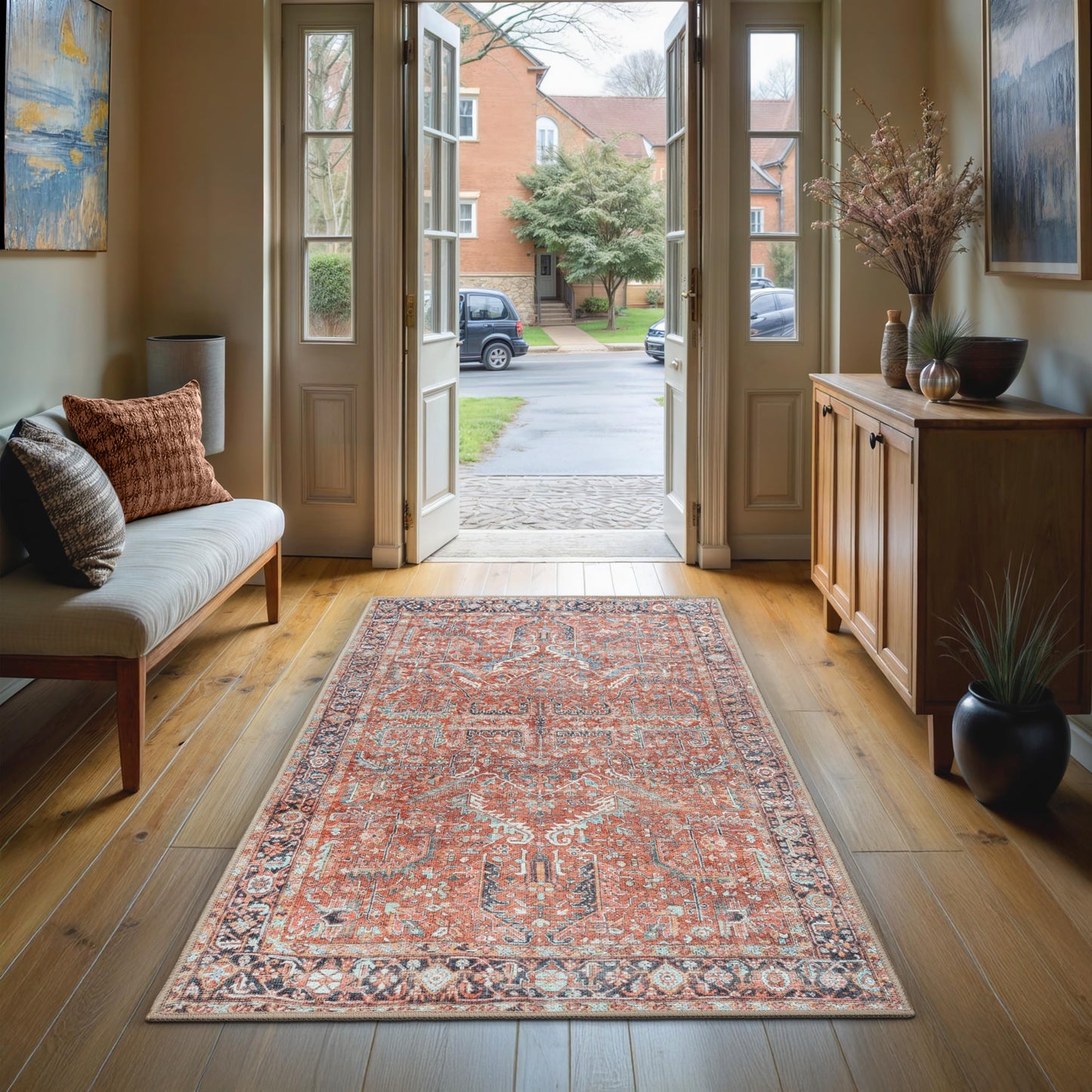 GLN Rugs Traditional Collection - Machine Washable Area Rug, Traditional Washable, Non Slip, Low Pile Chenille Rug, Living Room, Bedroom, Kitchen Rug (2'6"x7' Terra Cotta)