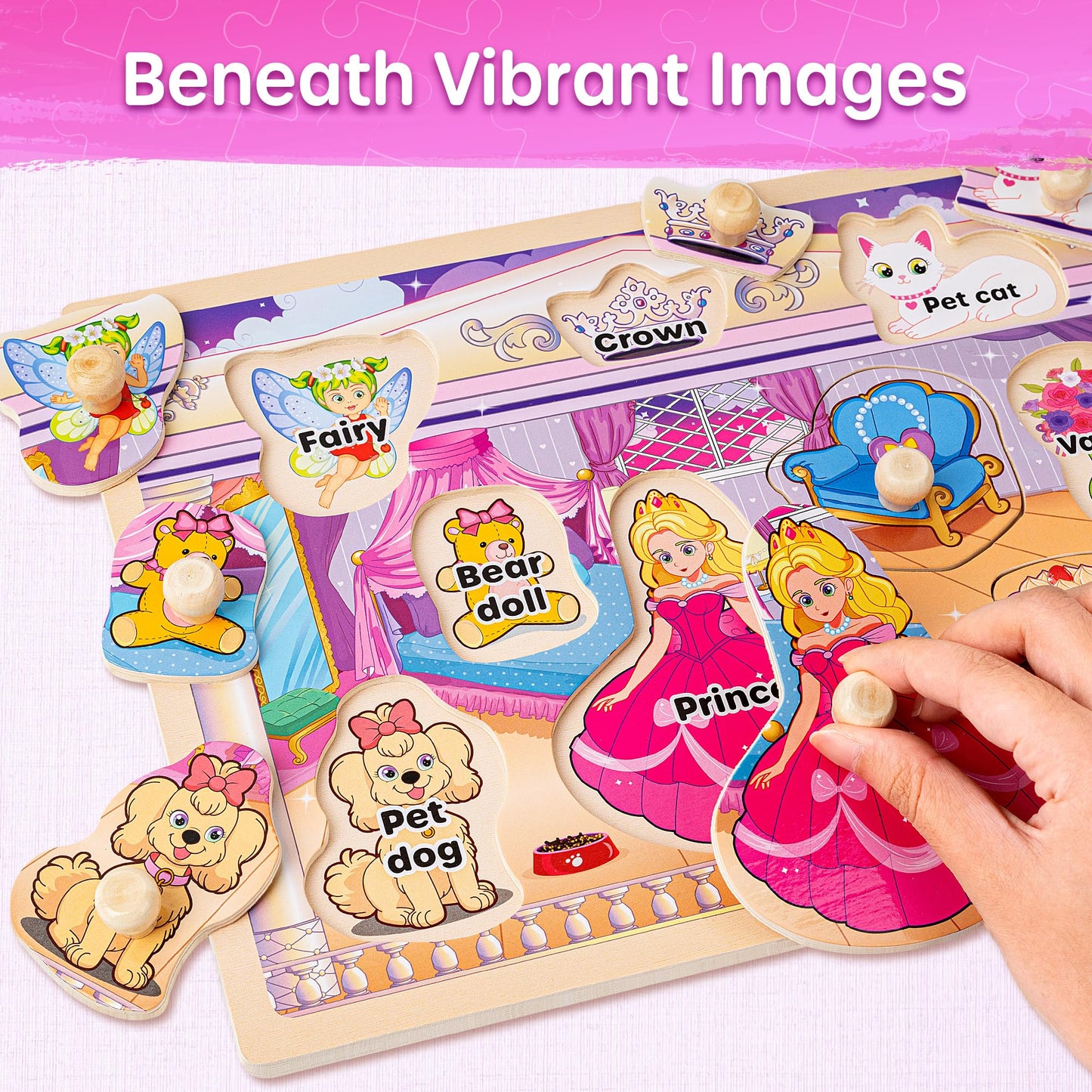 SYNARRY Wooden Puzzles for Toddlers 1-3, 6XSET Toddlers Puzzles Ages 1-3 with Rack, Learning Alphabet Number Shape Unicorn Princess Mermaid Animal, Christmas Toys Gifts for 1 2 3 Years Old Girl Gifts