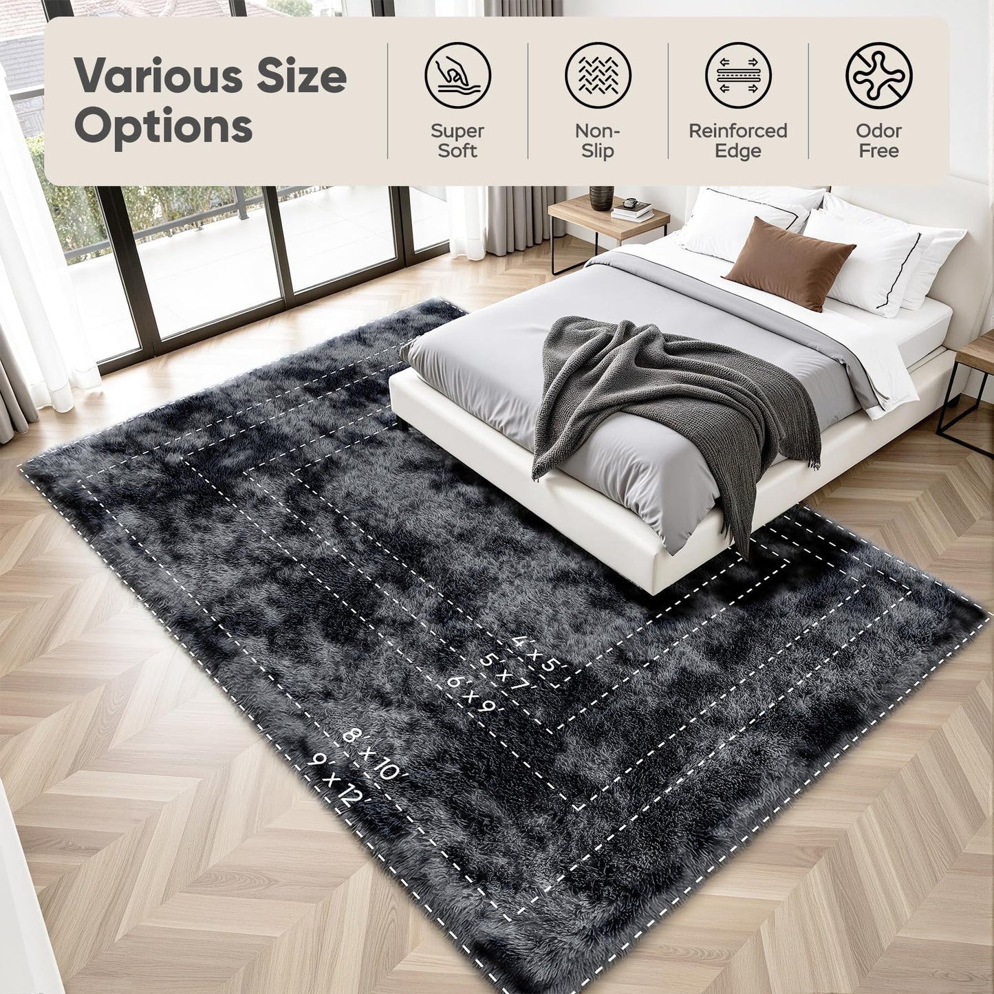8x10 Area Rugs for Living Room Bedroom: Black Grey Soft Fluffy Shag Upgrade Non-Slip High Pile Carpet Large Fuzzy Plush Indoor Floor Decor Shaggy Rug for Kid Boys Girls Playroom Nursery Modern Home
