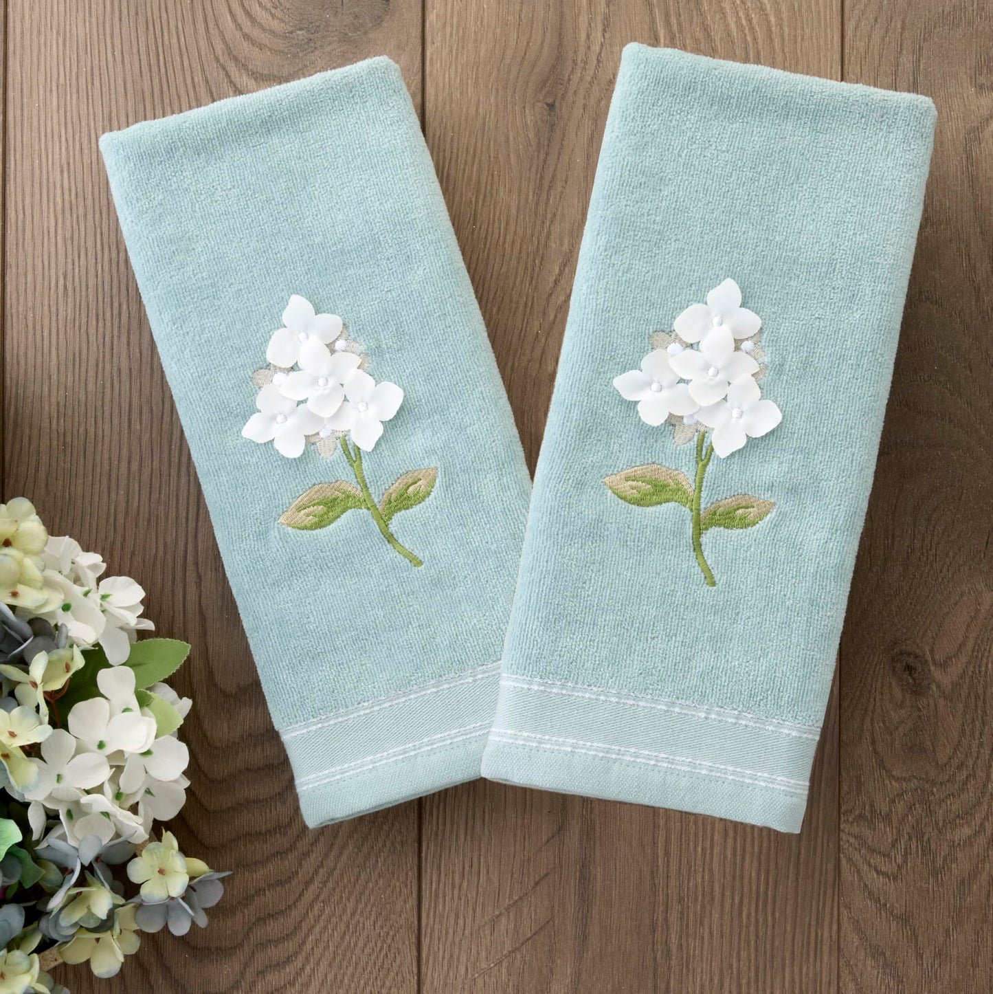 SKL Home Farm Hydrangea 100% Cotton 3D Embroidered 2pc Hand Towel Set, Decorative for Bath/Kitchen/Bar & Gift, Seafoam