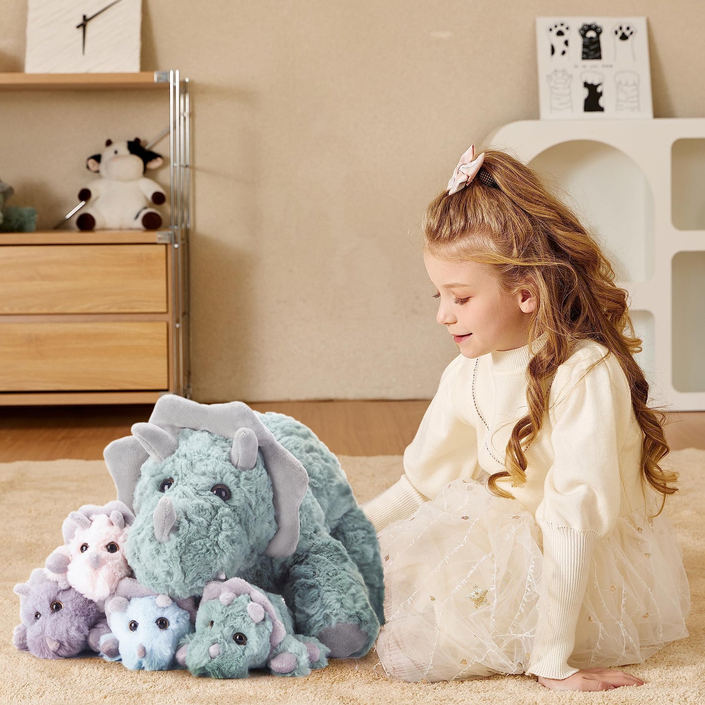 EARTHSOUND Triceratops Dinosaur Mom and Baby Stuffed Animal Mommy Plush,18" Cute Small Mama Soft Toy with Little Babies,Gift for Kid (Triceratops)