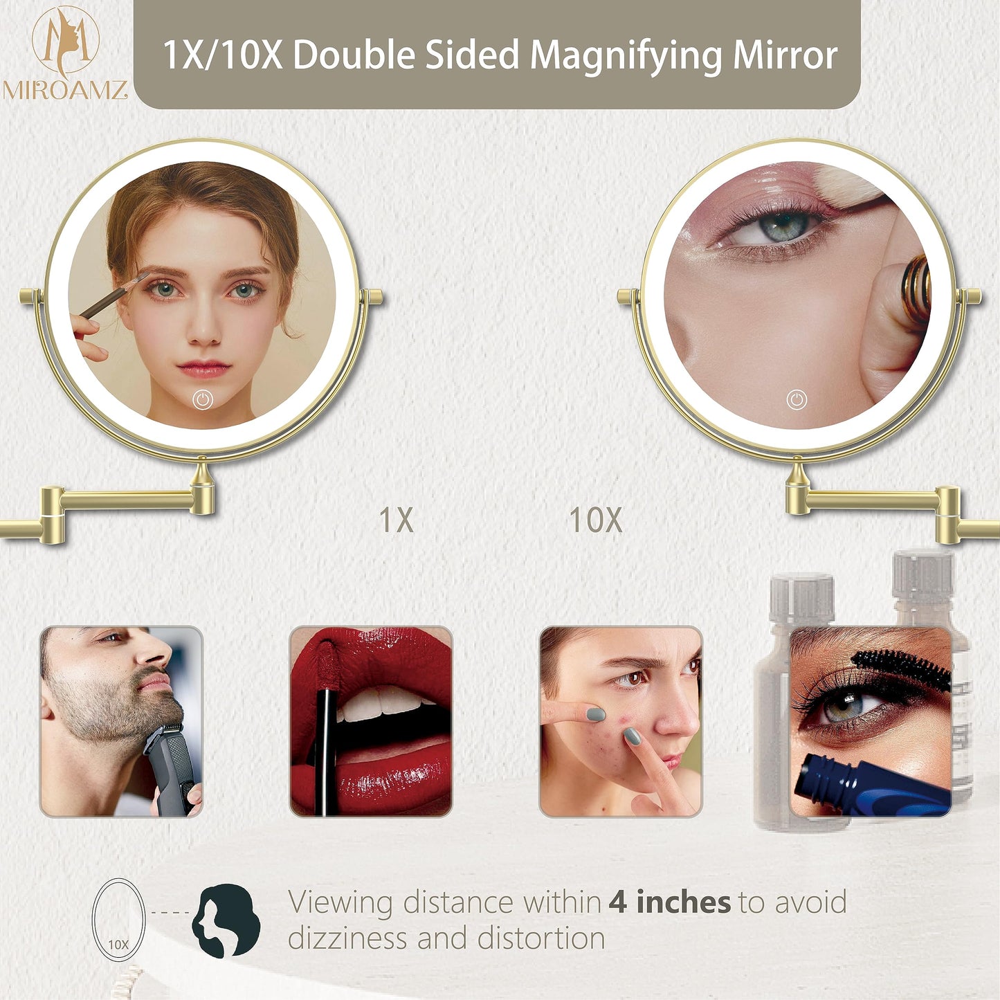 MIROAMZ Rechargeable Wall Mounted Lighted Makeup Vanity Mirror 8 Inch Double Sided 1X 10X Magnifying Bathroom Mirror, 3 Color Lighting, Touch Screen Dimming, 360 Rotation Shaving Mirror Gold