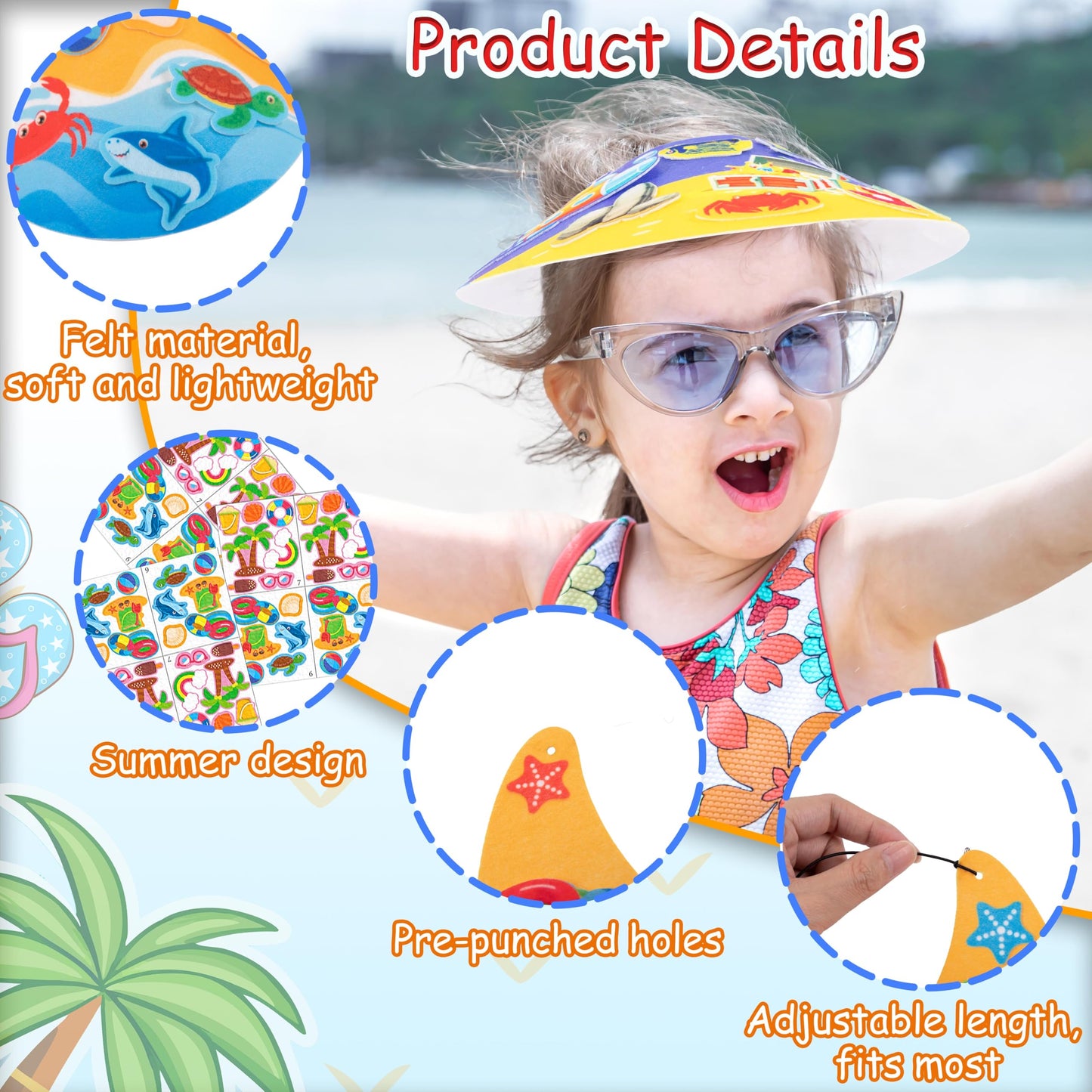 30Sets Summer Felt Visor Hats Crafts Kits for Kids Bulk, DIY Beach Sun Visor Hat Activities with Stickers for Hawaiian/Luau/Under-the-Sea Party Supplies