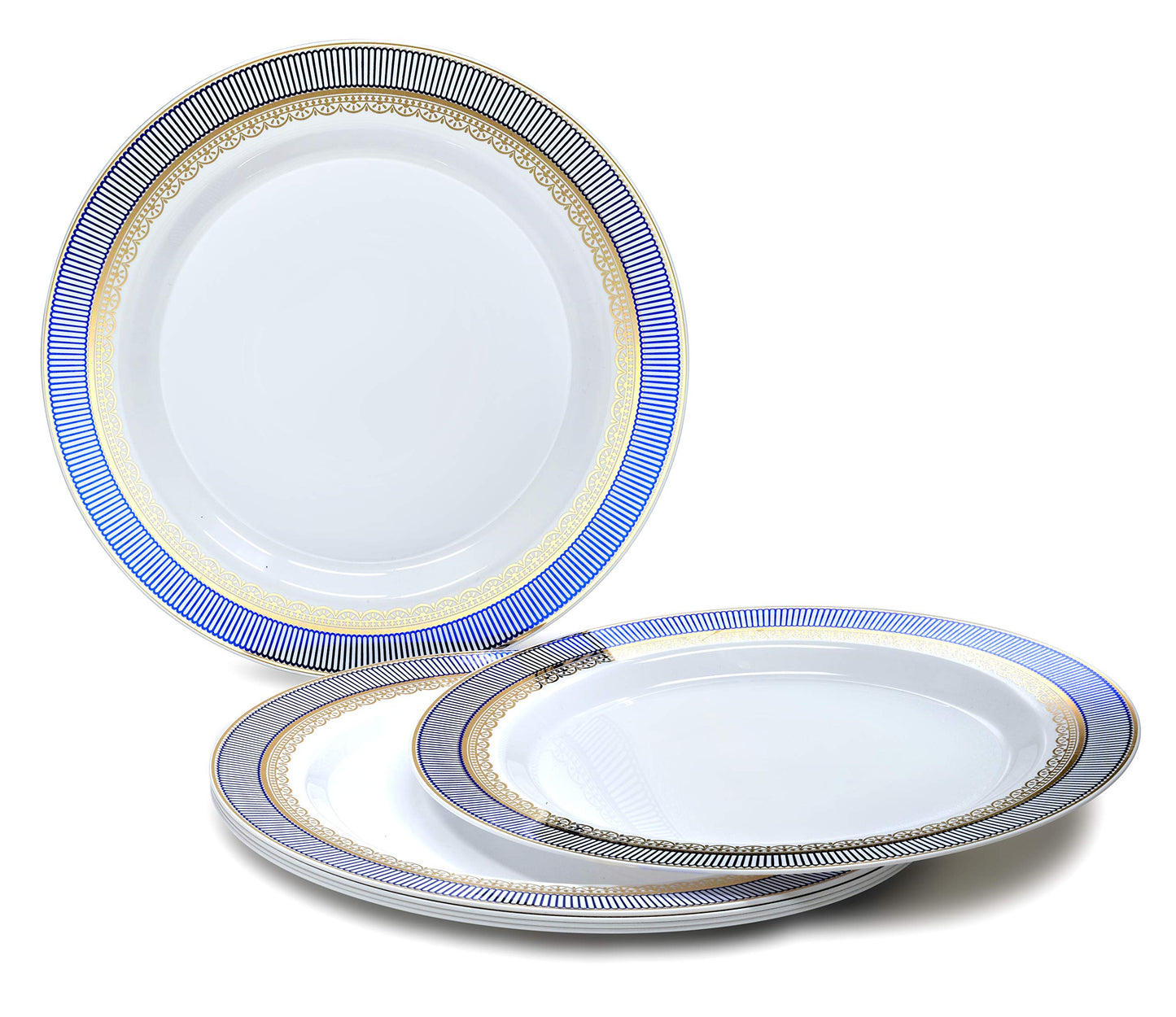 " OCCASIONS " 50 Plates Pack (25 Guests)-Heavyweight Wedding Party Disposable Plastic Plate Set -25 x 10.5'' Dinner + 25 x 7.5'' Salad/dessert plates (Louvre in White w/Blue & Gold)